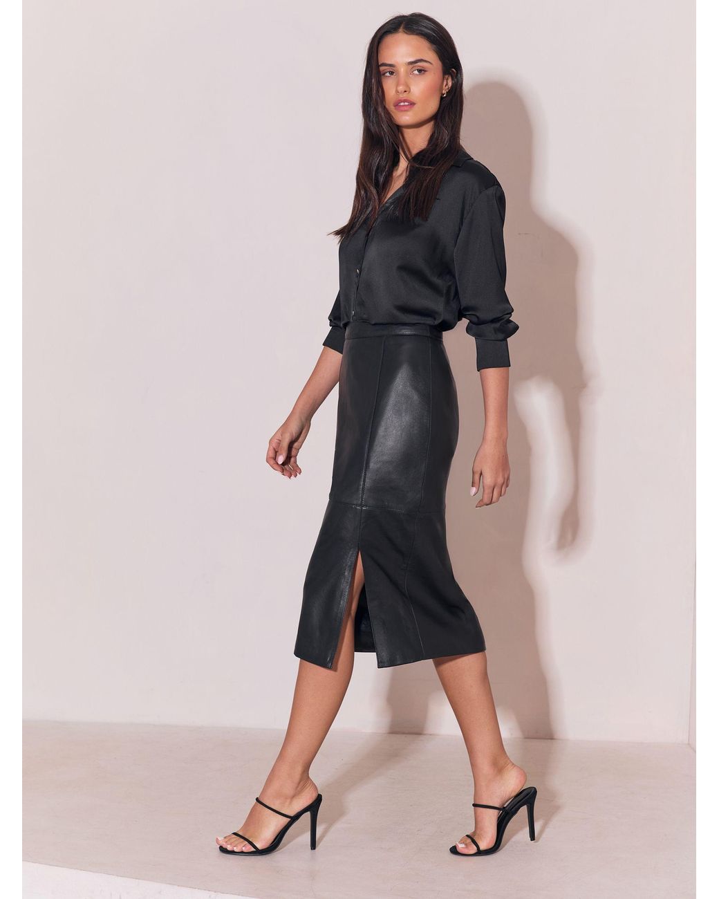 Lipsy Black Leather Midi Skirt