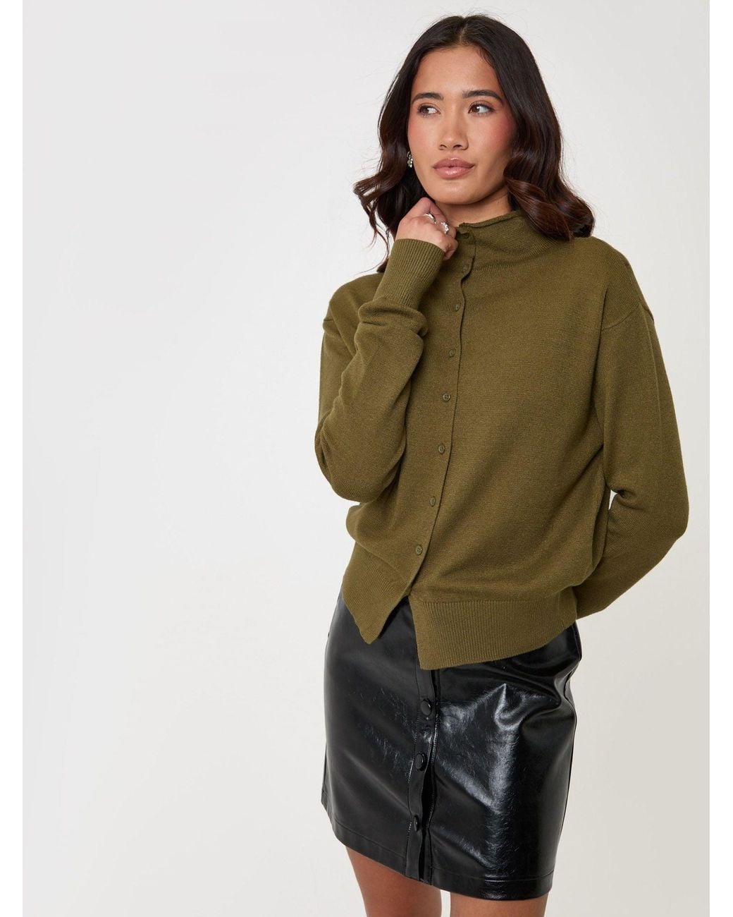 Threadbare Green Compact Knit Funnel Neck Cardigan