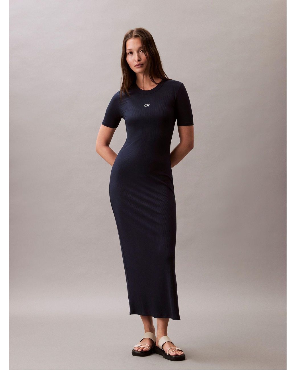 Calvin Klein Modal Stretch Rib Midi Dress in Blue | Lyst