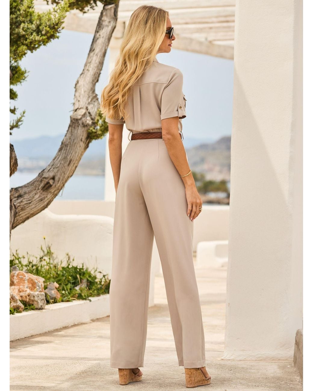 Sosandar Natural Belted Button Front Utility Jumpsuit