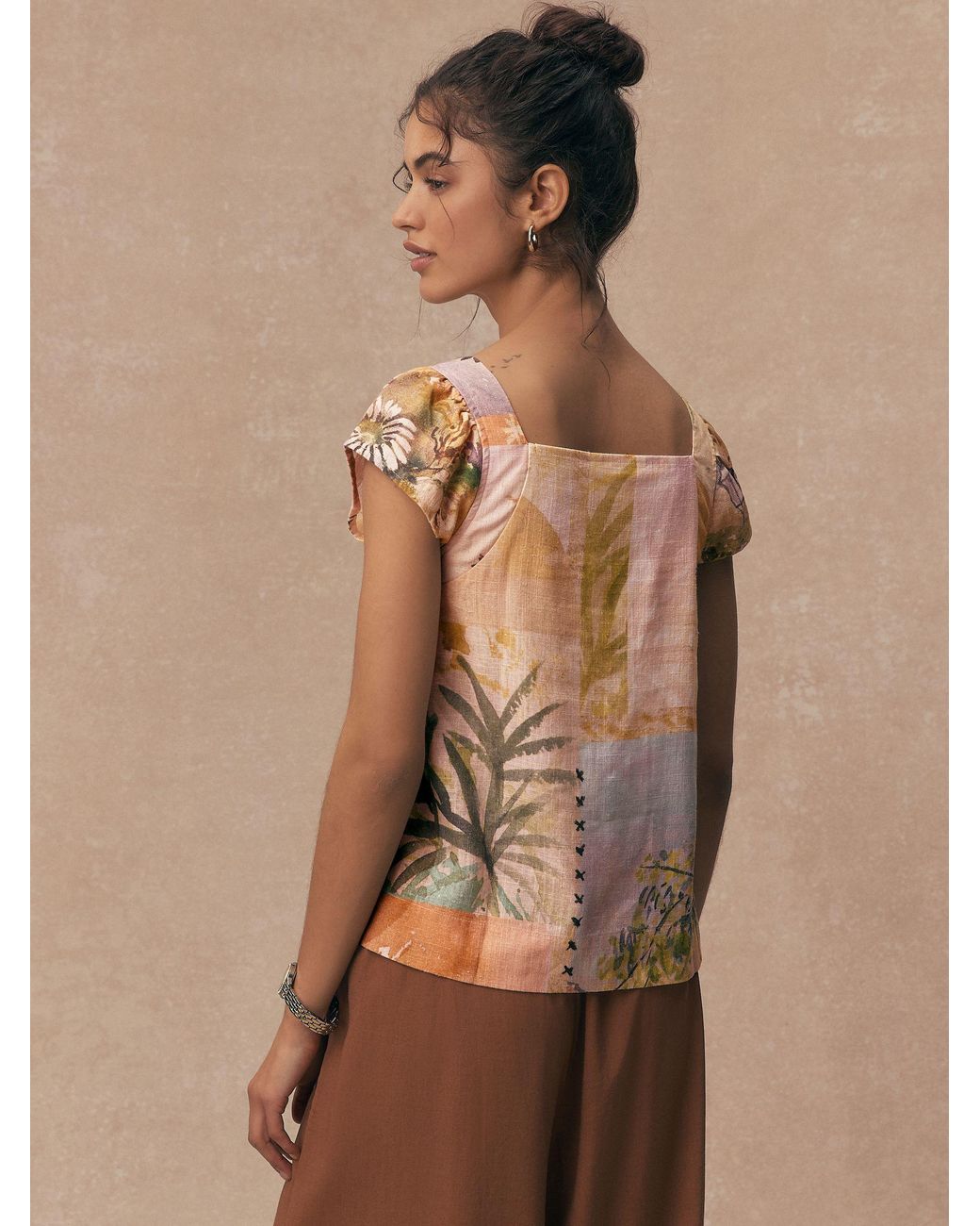 Next Natural Flutter Sleeve Button Front Top With Linen