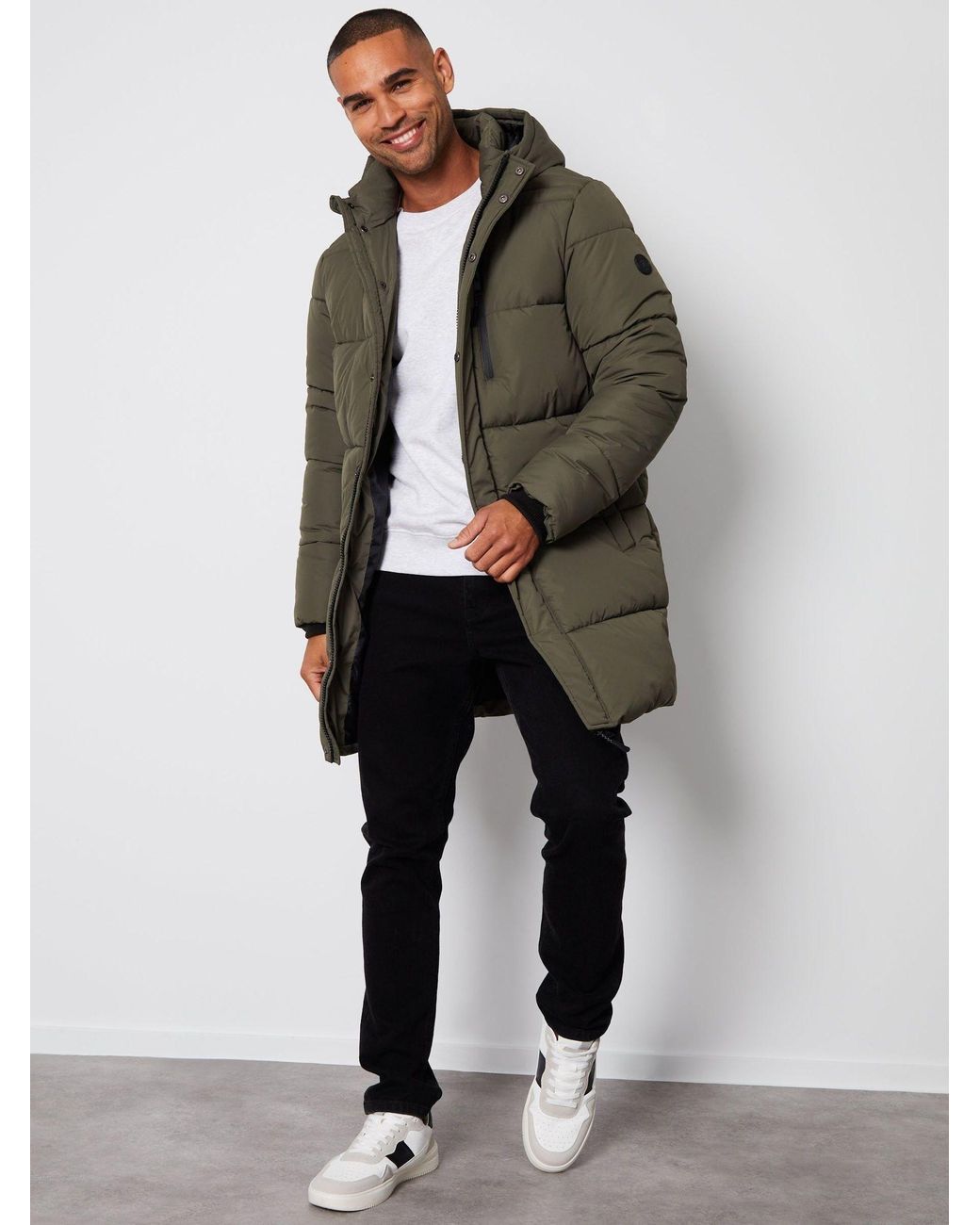 Threadbare Gray Showerproof Hooded Longline Puffer Jacket for men