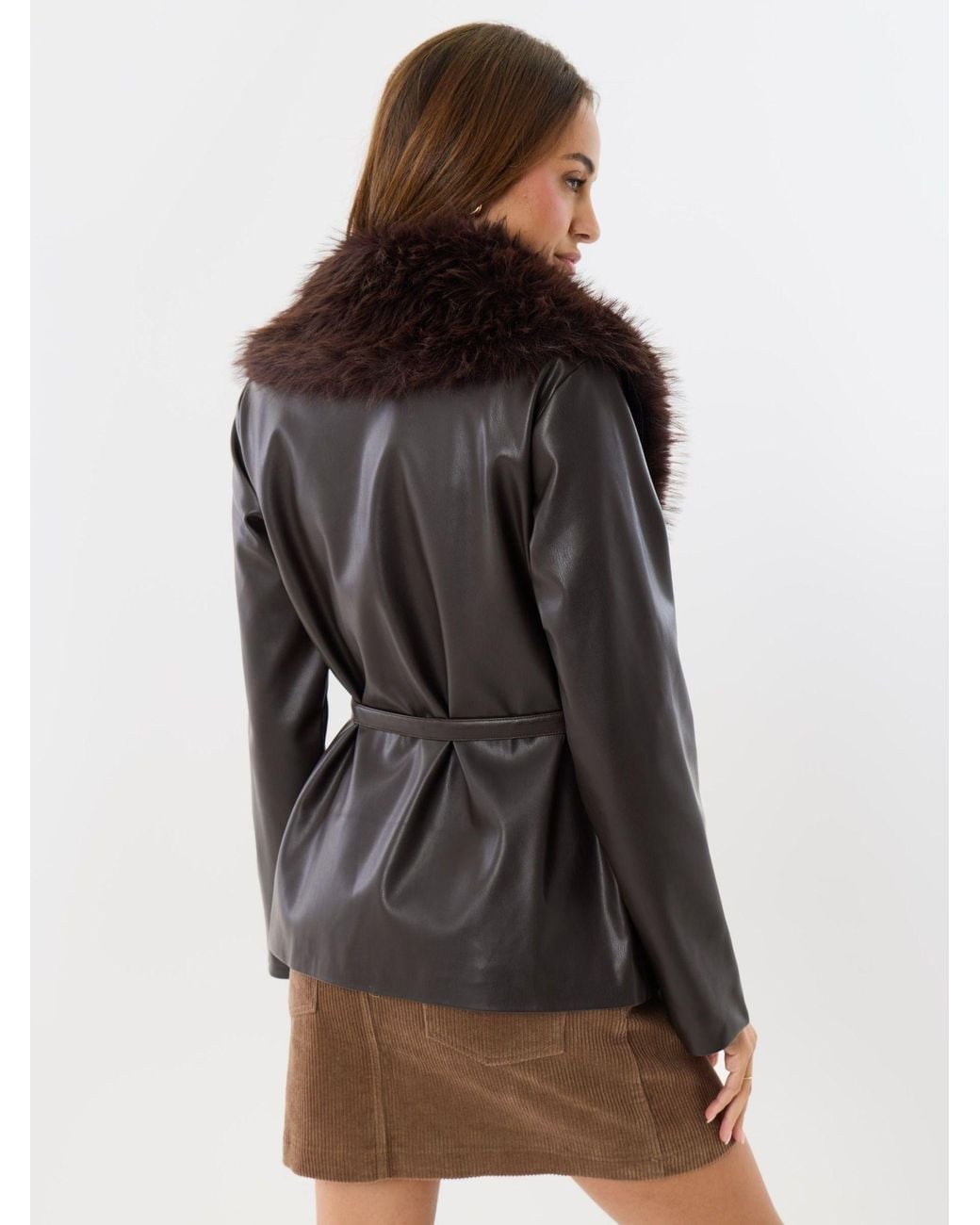 Threadbare Black Belted Faux Fur Collar Jacket