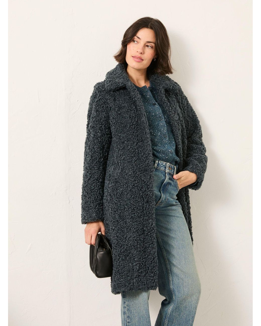 FatFace Blue Bianca Longline Teddy Coat
