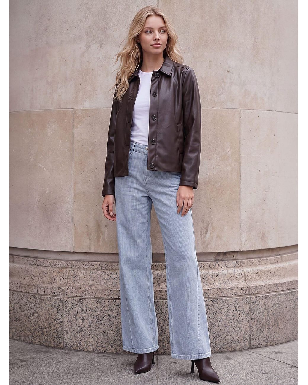Roman Brown Petite Pu Button Jacket