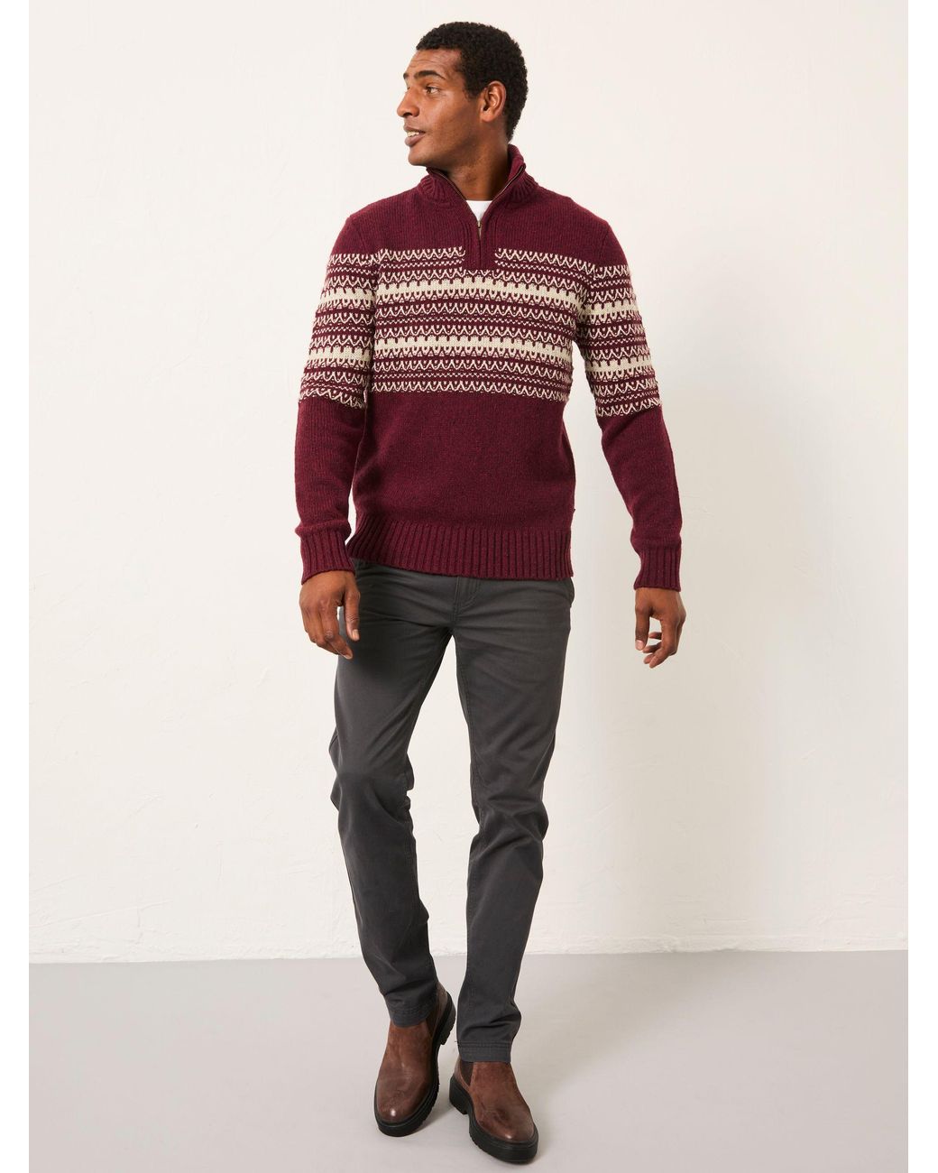 FatFace Brown Fairisle Knitted Half Neck Jumper for men