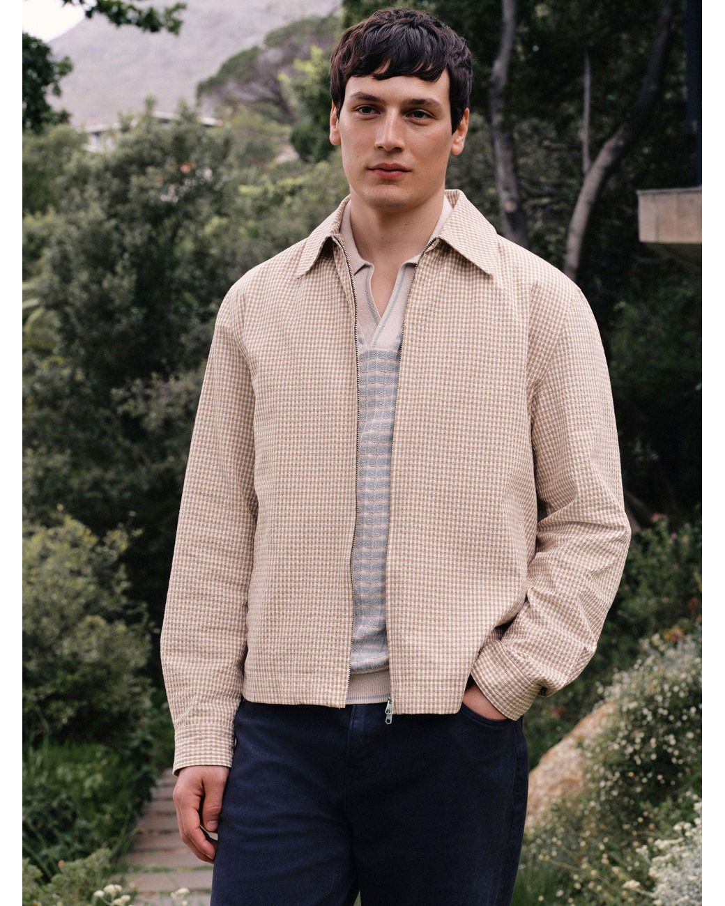 Next Natural Textured Gingham Zip Through Jacket for men