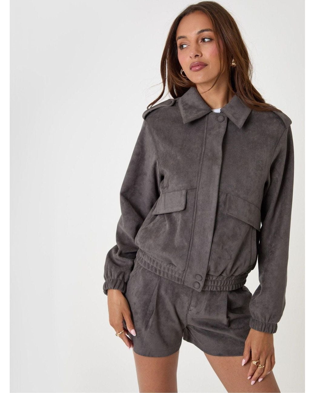 Threadbare Gray Faux Suede Collared Bomber Jacket
