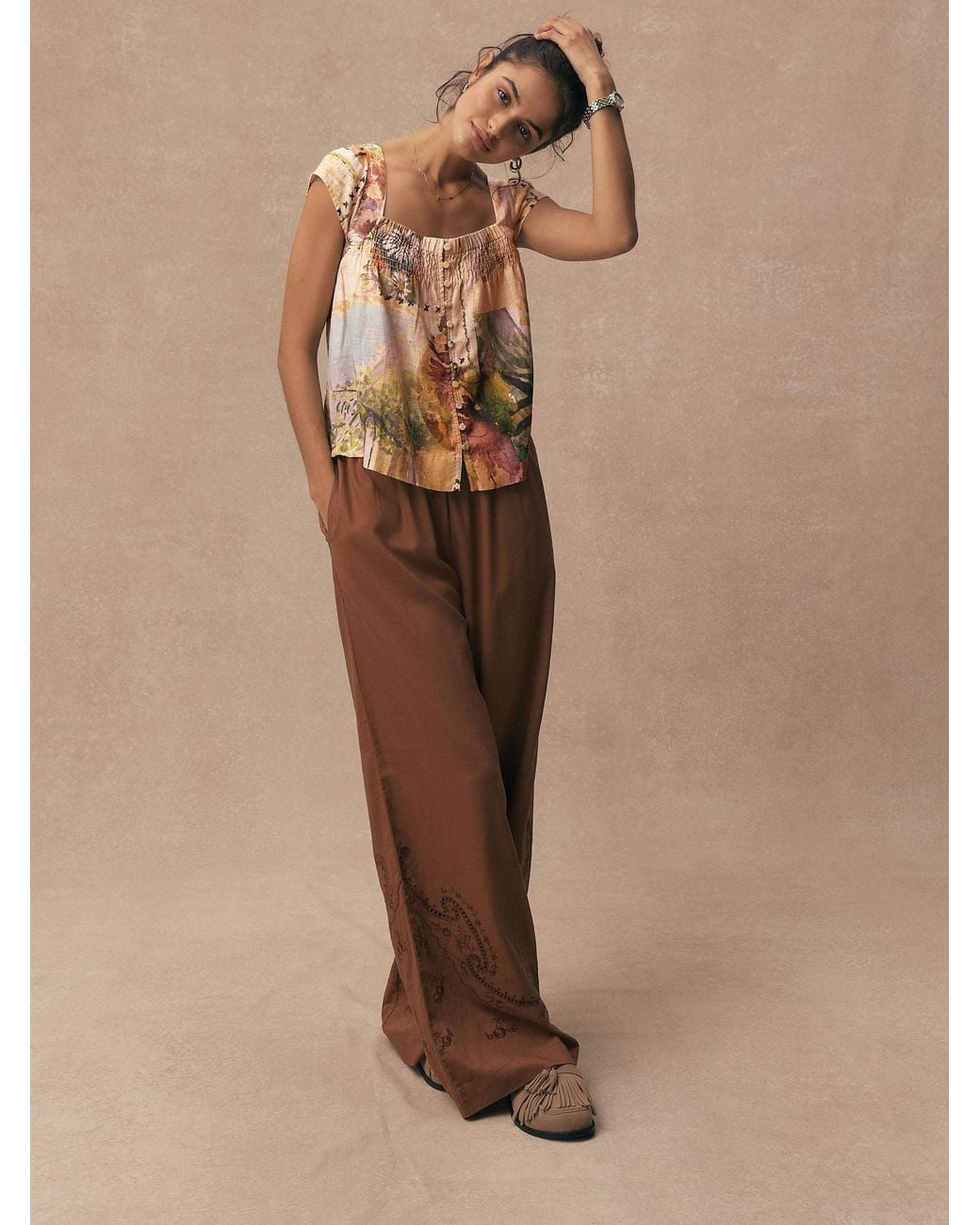 Next Natural Flutter Sleeve Button Front Top With Linen