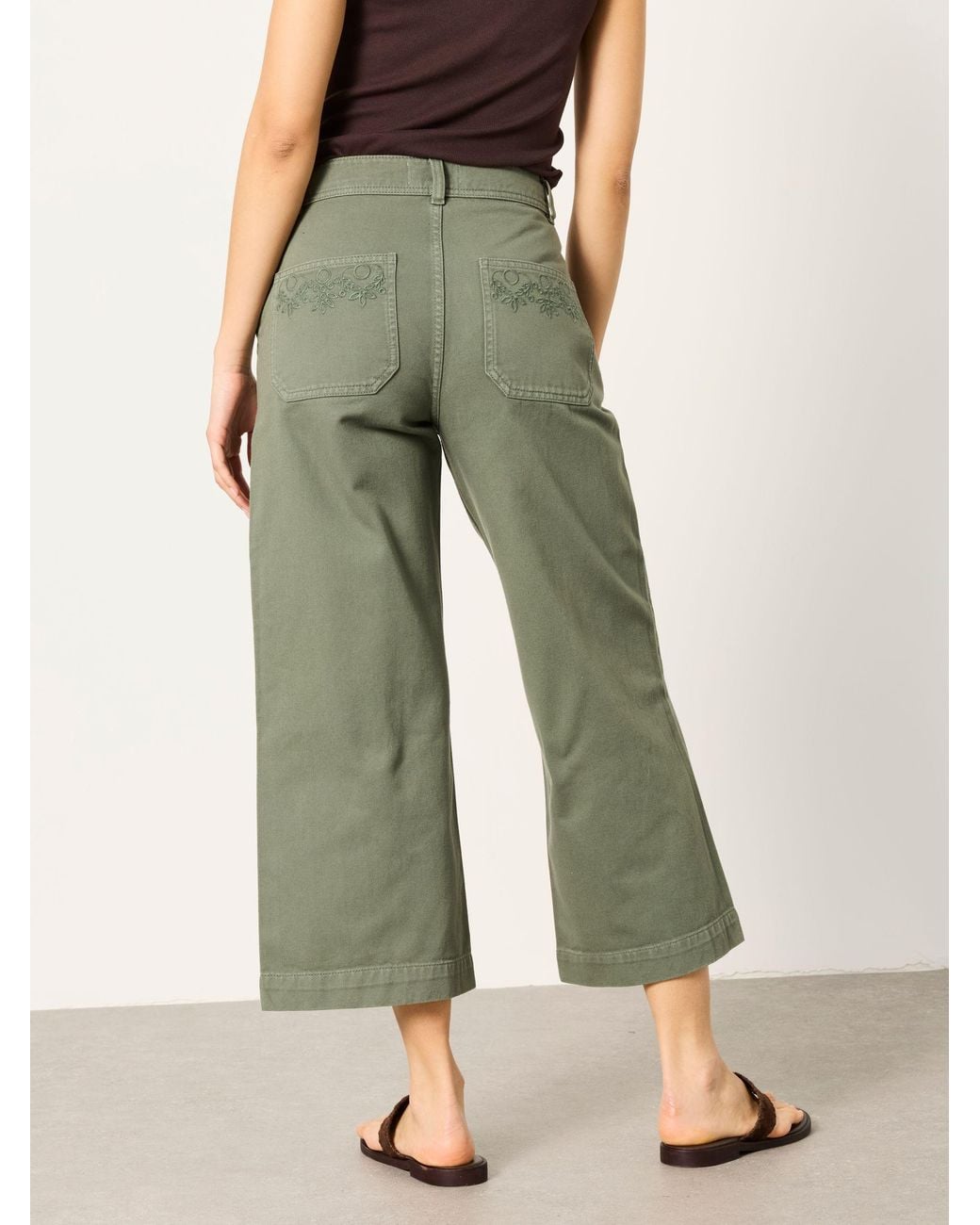 FatFace Green Hove Embroidered Wide Leg Crop Trouser