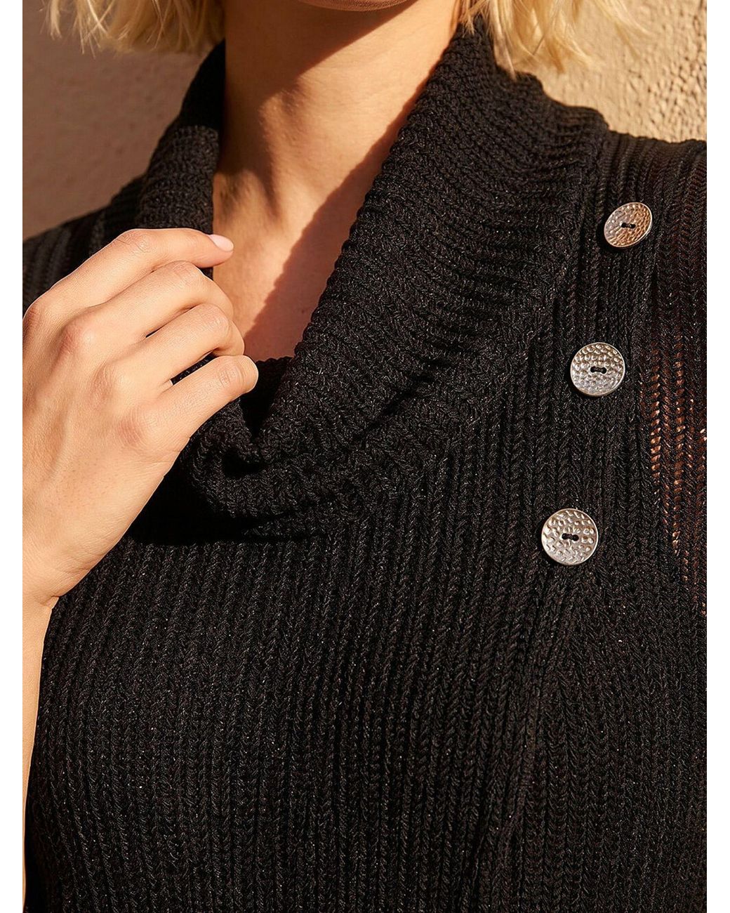 Roman Black Snit Textured Buttoned Top