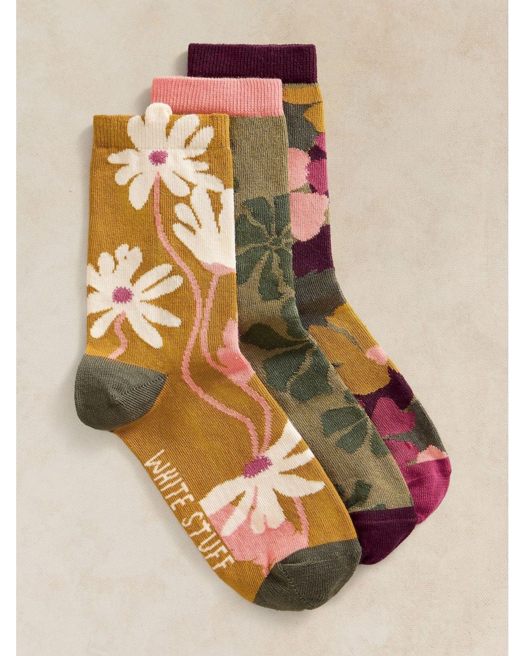 White Stuff Natural Floral Texture Ankle Socks 3 Pack