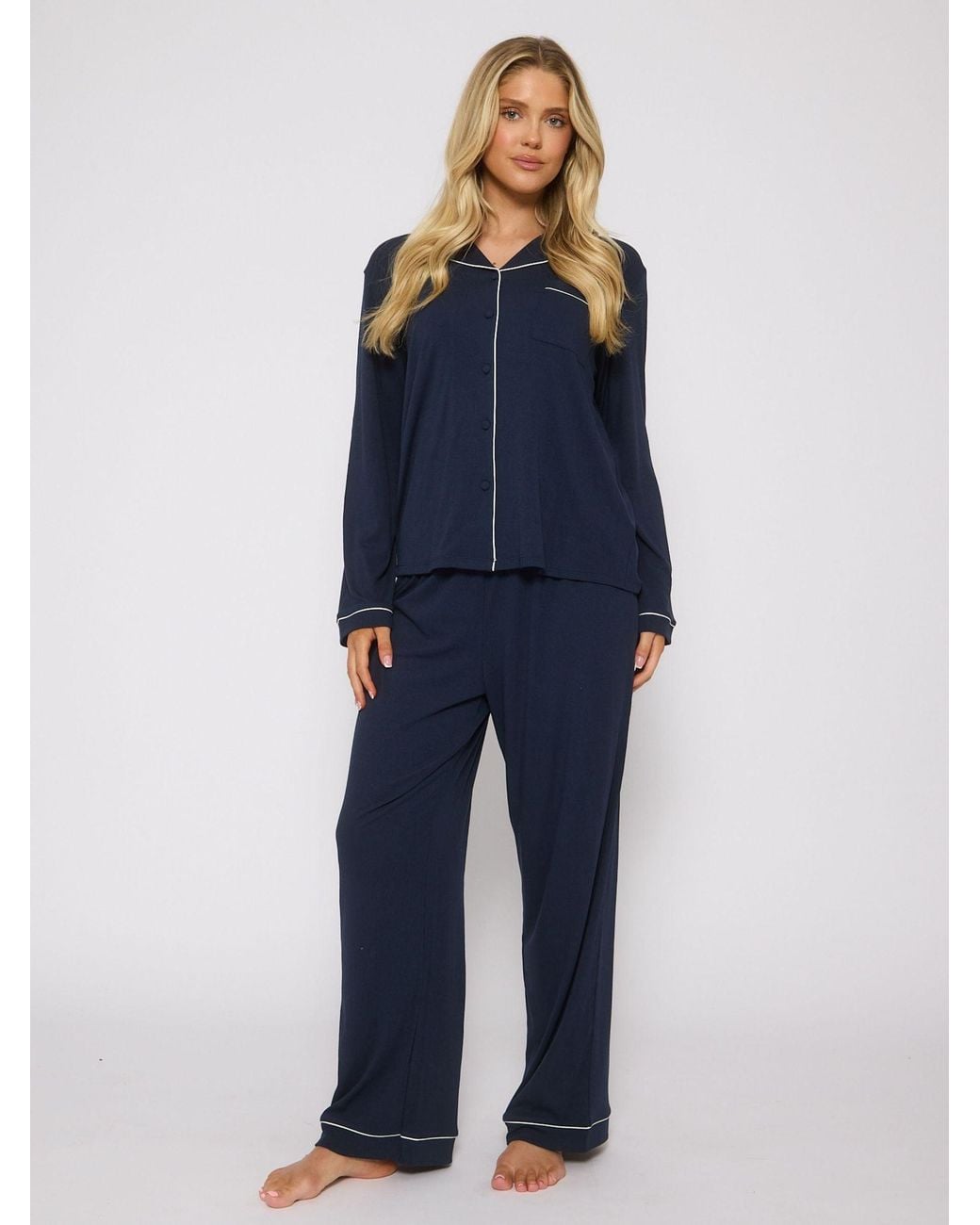 Loungeable Blue Trim Long Sleeve Soft Rib Button Through Pyjamas