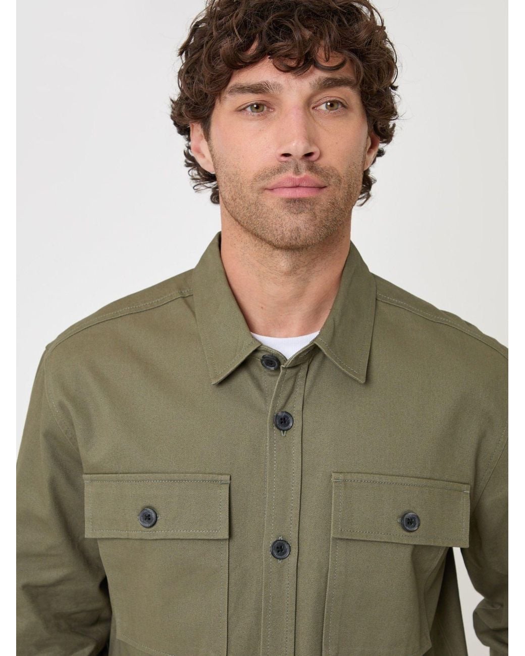 Threadbare Green Cotton Twill Shacket With Pockets for men