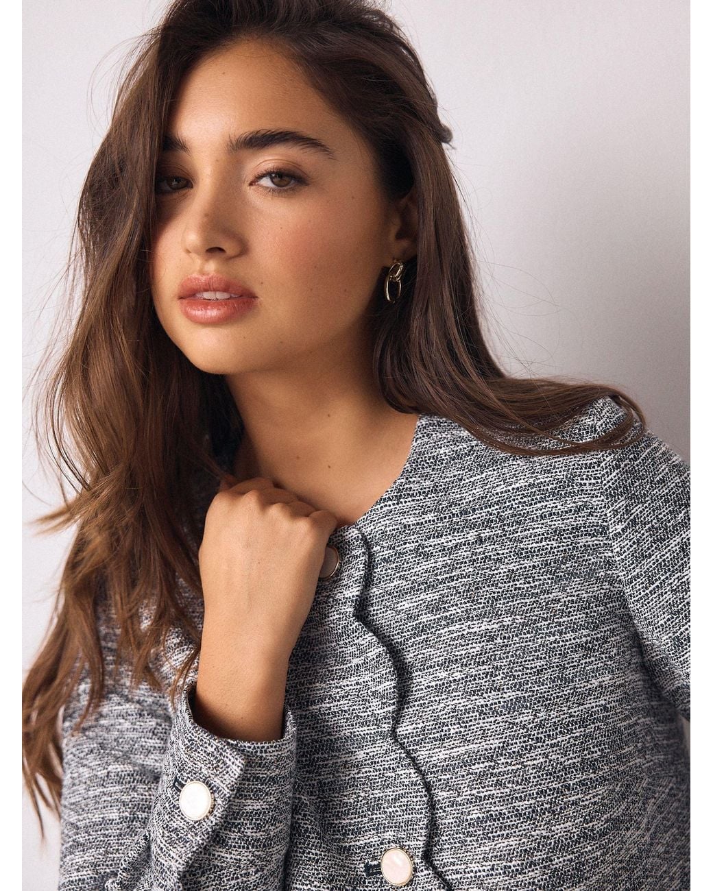 Next Blue Marl Boucle Scallop Collarless Jacket