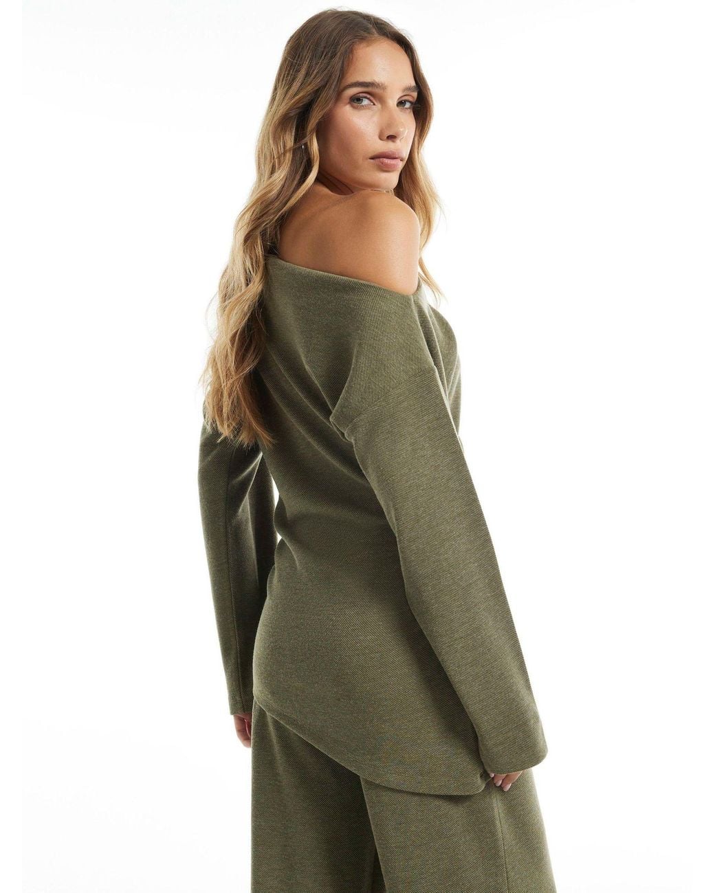 River Island Cosy Asymmetric Off Shoulder Top in Green | Lyst