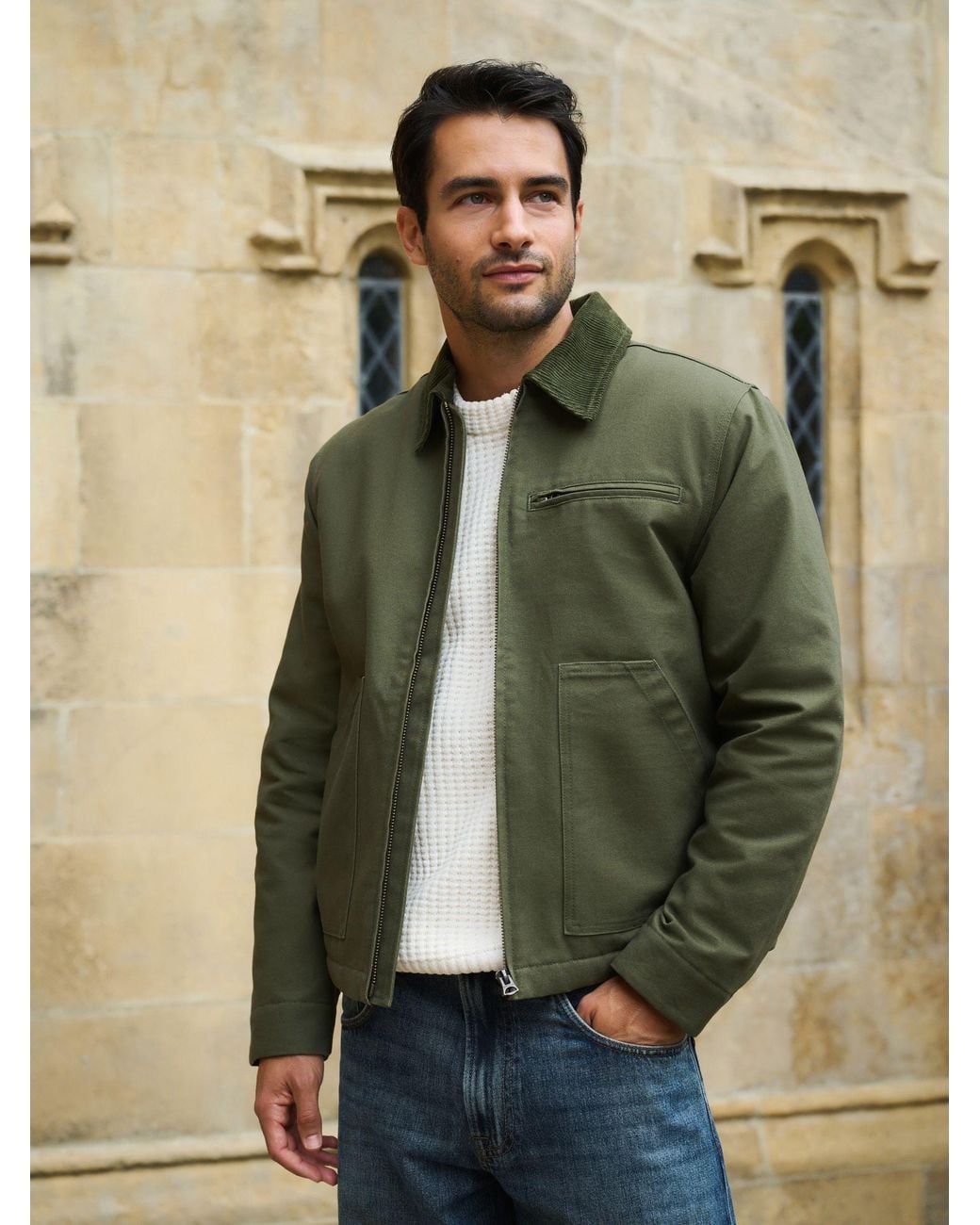 Next Green Canvas Trucker Borg Lined Jacket for men