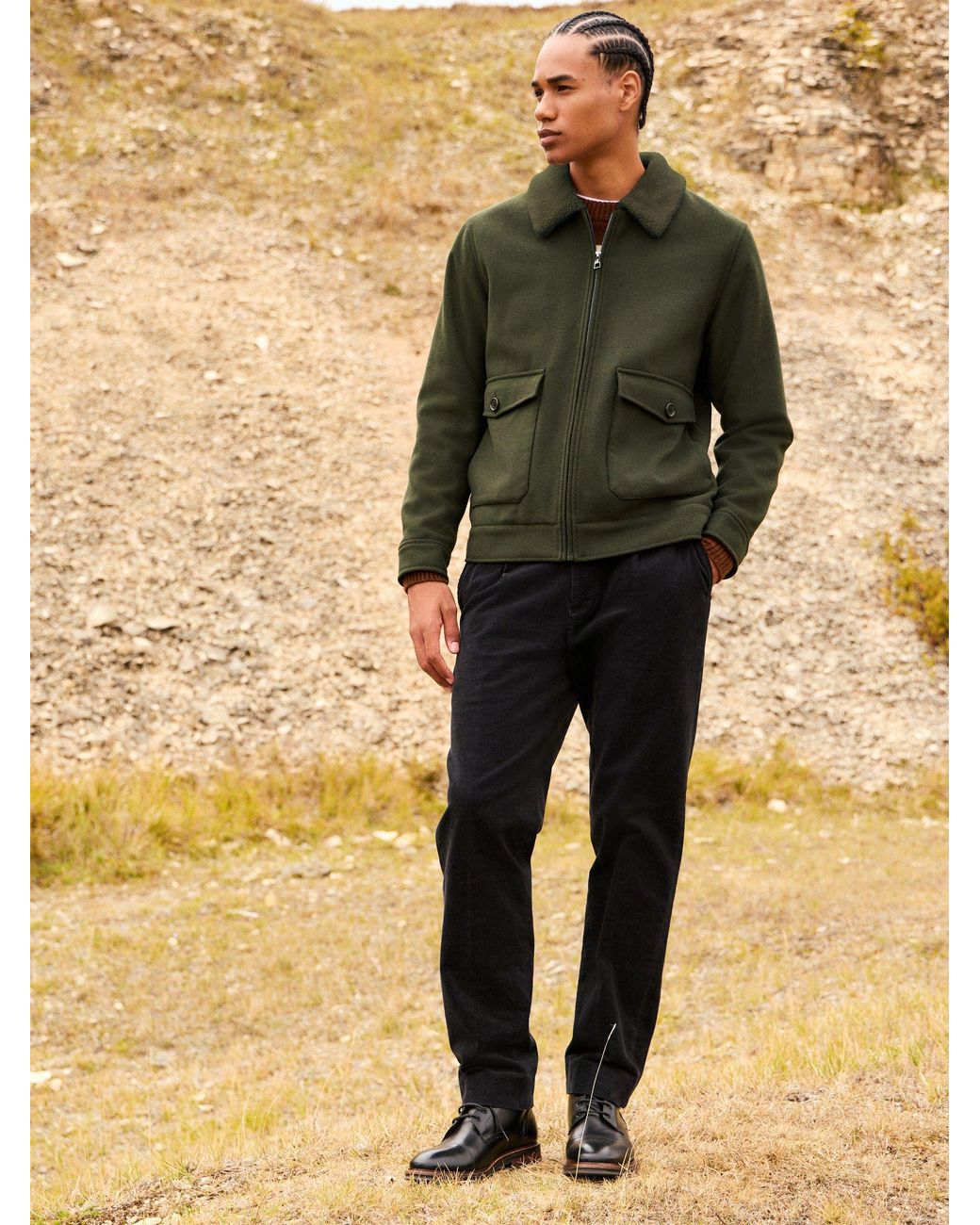Next Green Twill Wool Blend Borg Collar Jacket for men