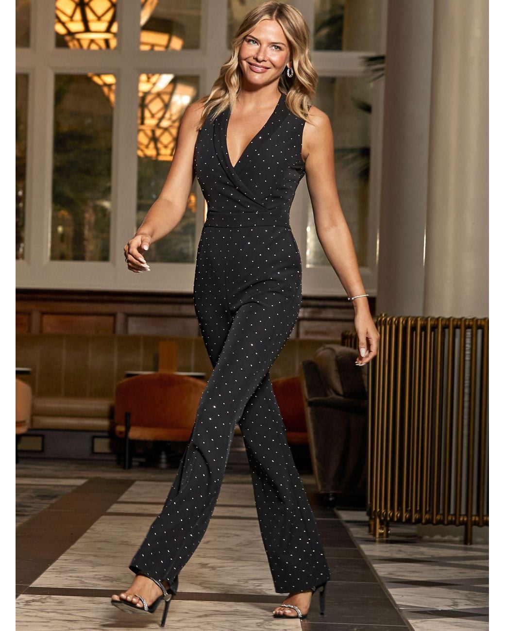 Sosandar Luxury Sparkling Stud Kick Flare Jumpsuit in Brown | Lyst