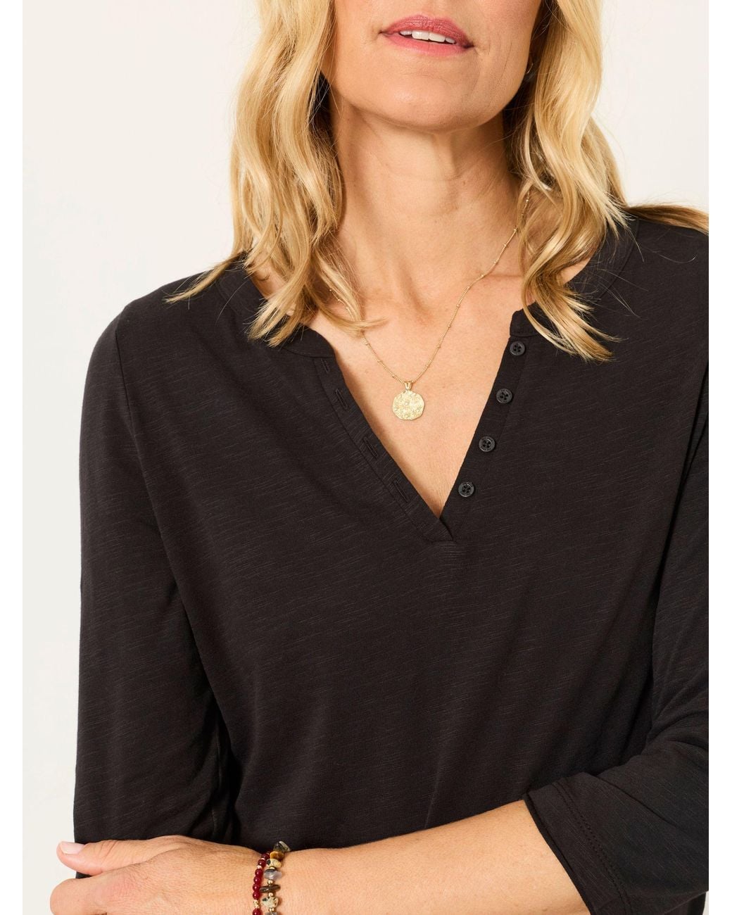 FatFace Black Aster 3/4 Sleeve V-Neck T-Shirt