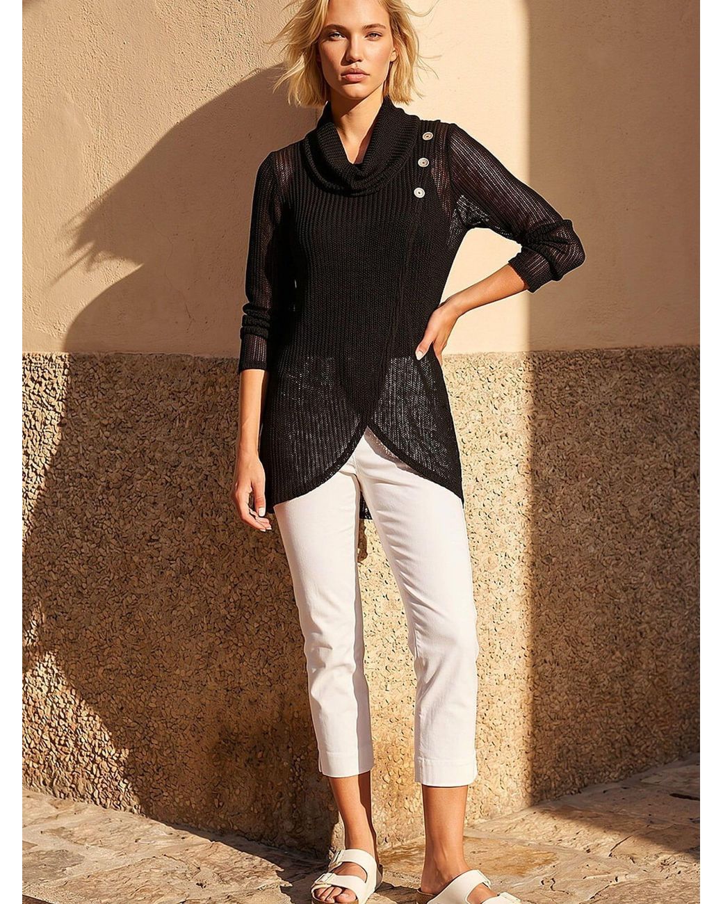 Roman Black Snit Textured Buttoned Top