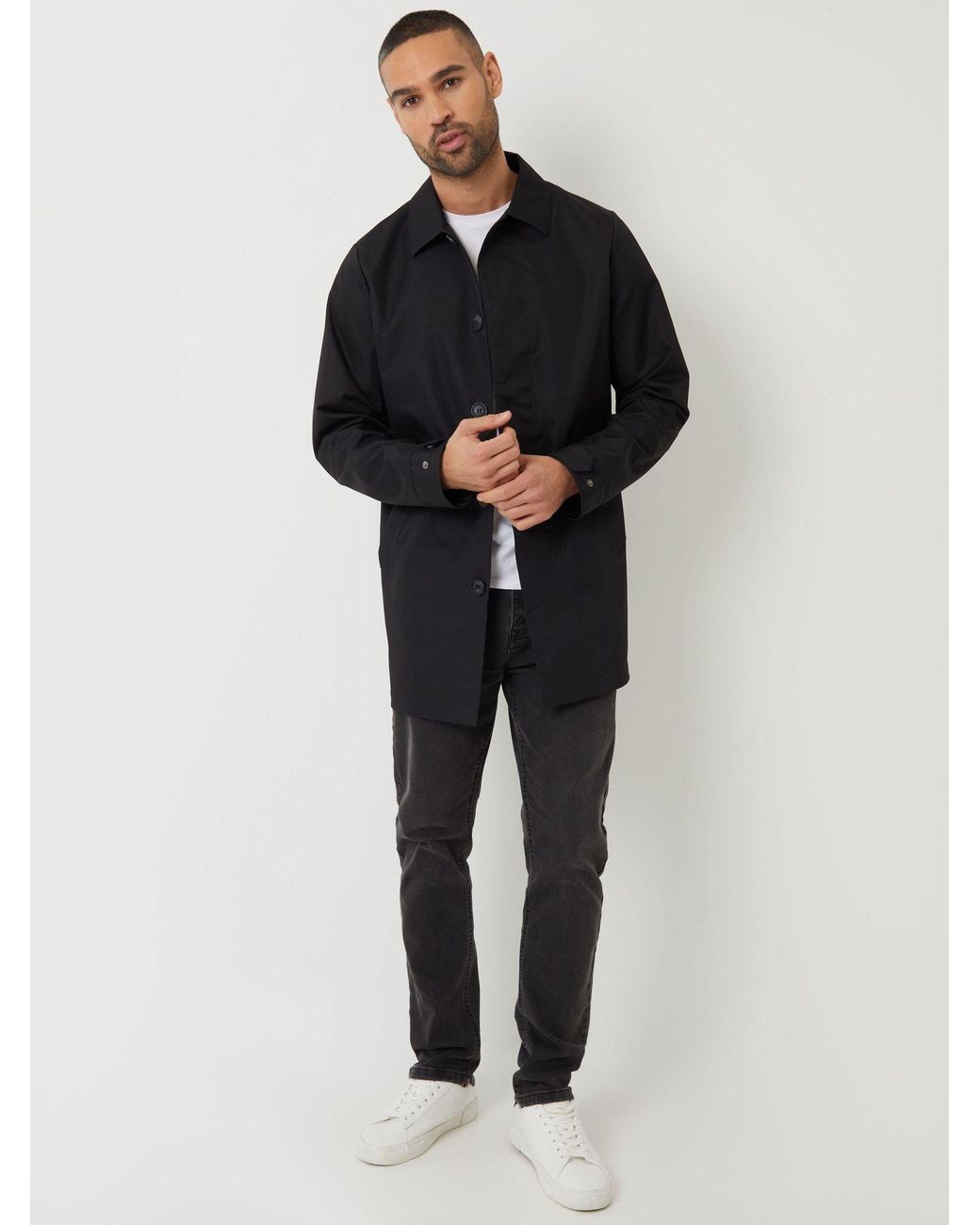 Threadbare Black Showerproof Longline Trench Coat for men
