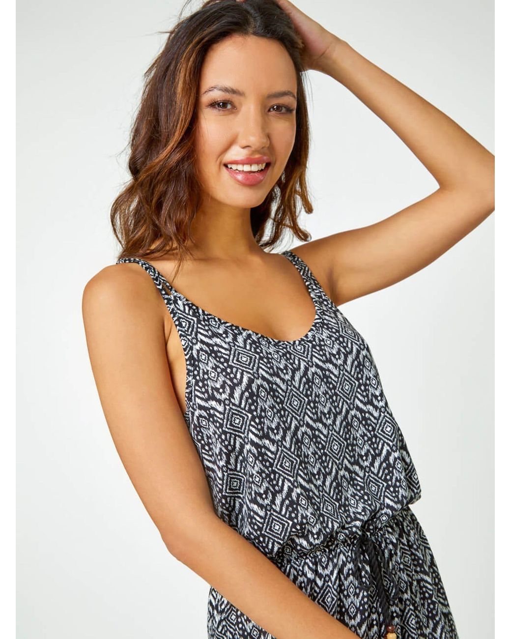 Roman Black Patterned Print Stretch Jersey Playsuit