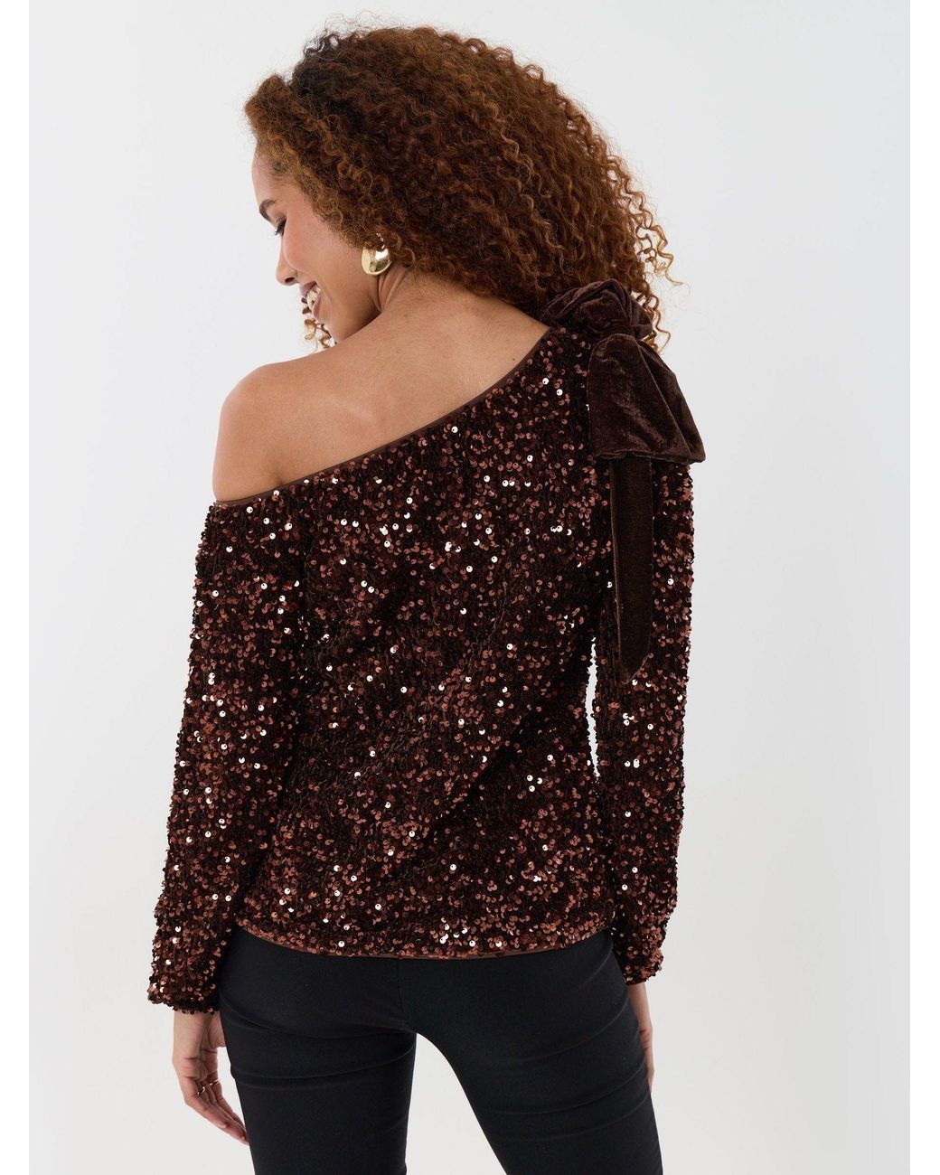 Threadbare Brown Sequin Slash Neck Top With Bow Detail