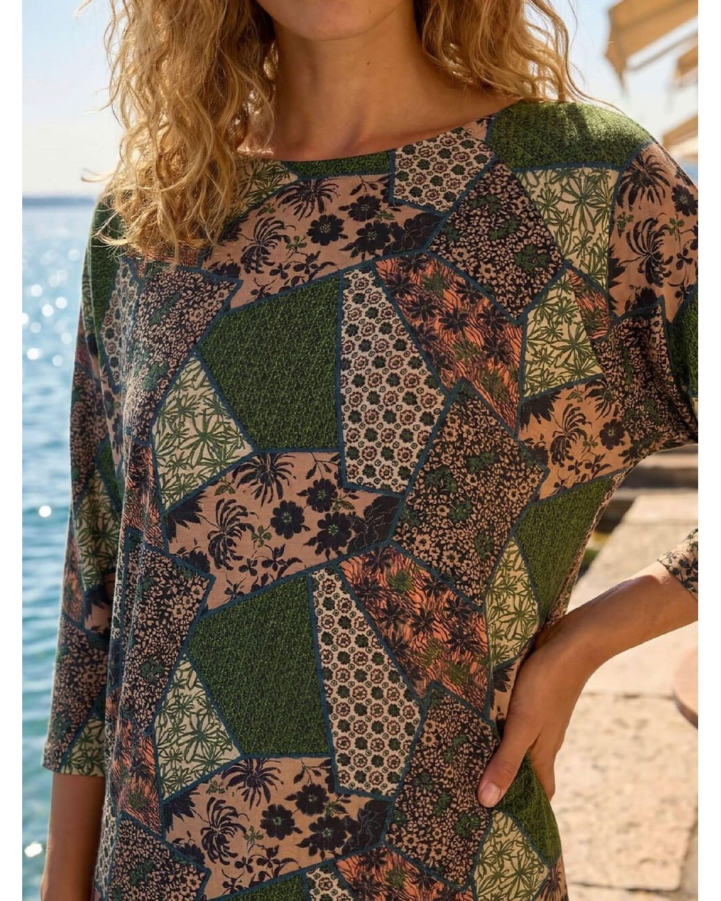 Roman Brown Floral Patchwork Stretch Top