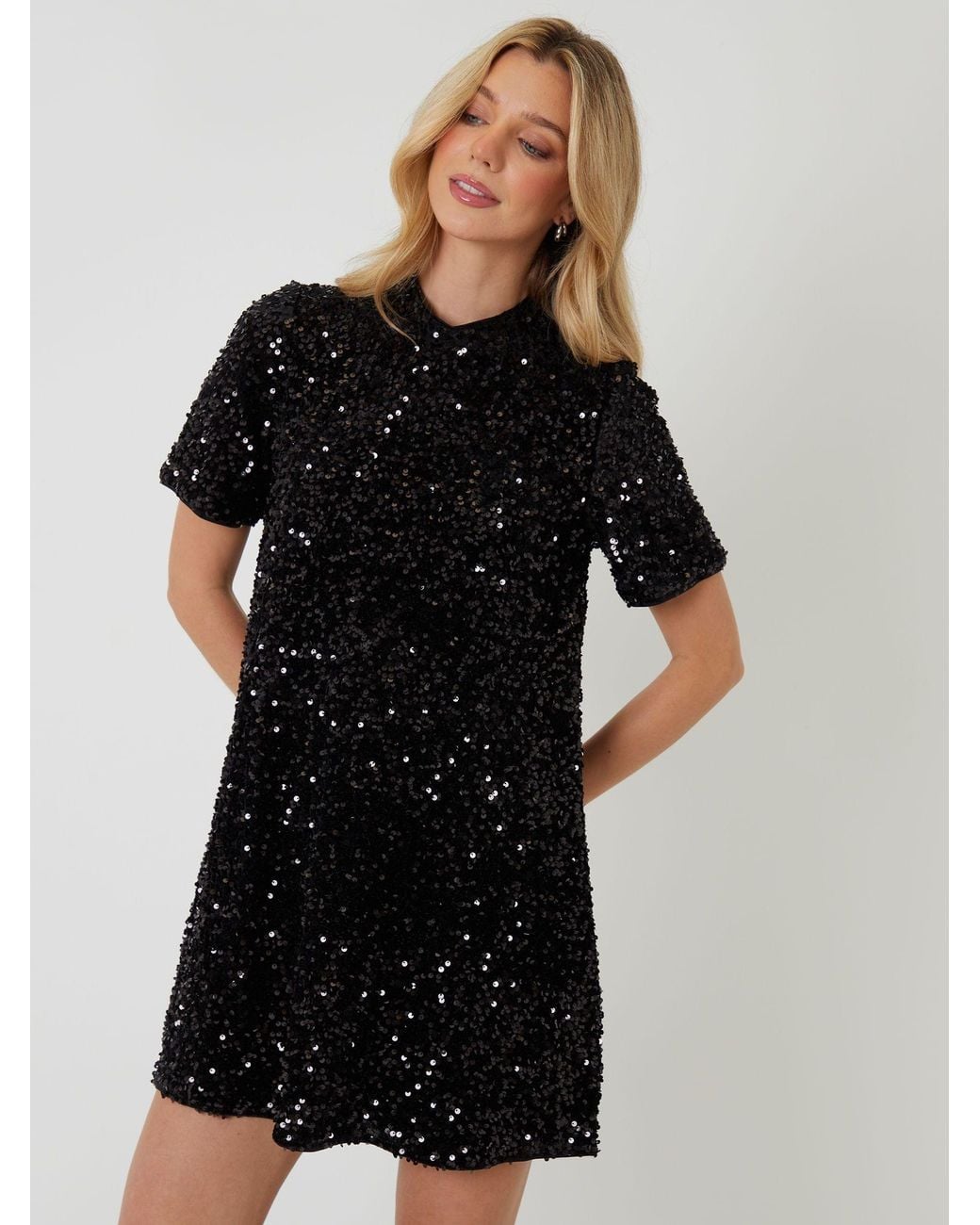 Threadbare Black High Neck Sequin Velour Mini Dress
