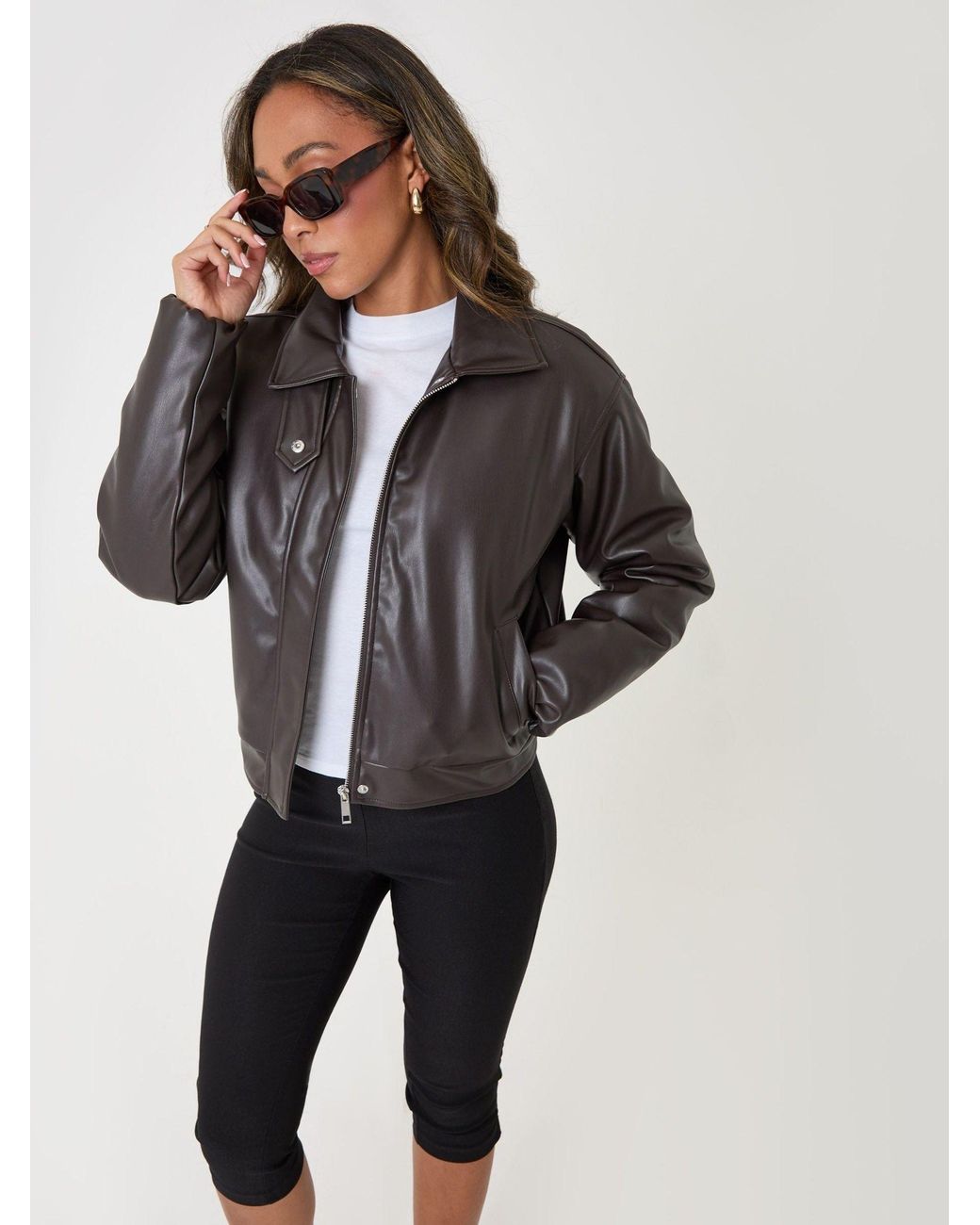 Threadbare Brown Faux Leather Bubble Bomber Jacket