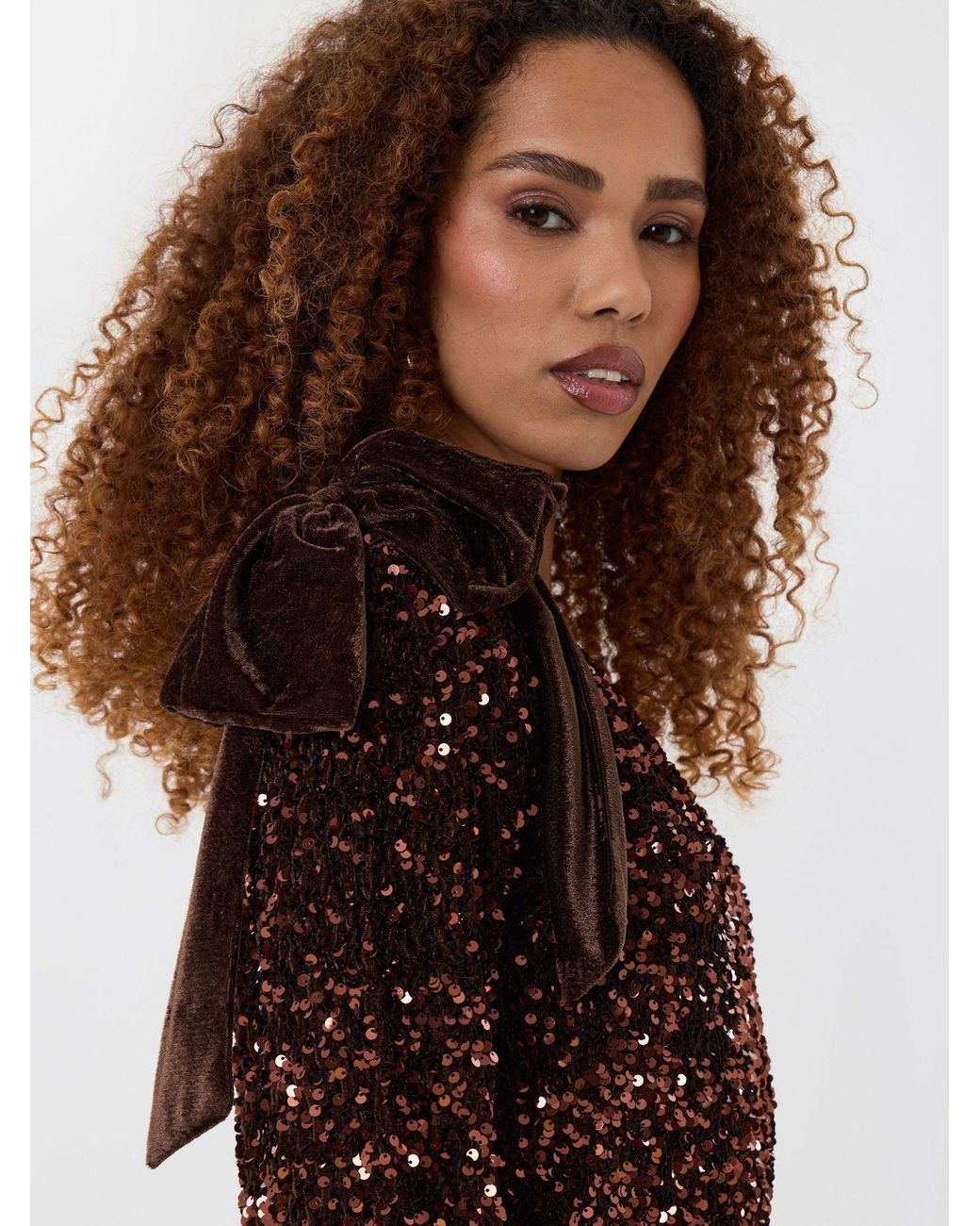 Threadbare Brown Sequin Slash Neck Top With Bow Detail