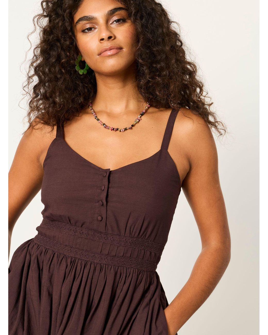 FatFace Brown Teri Embroidered Midi Dress
