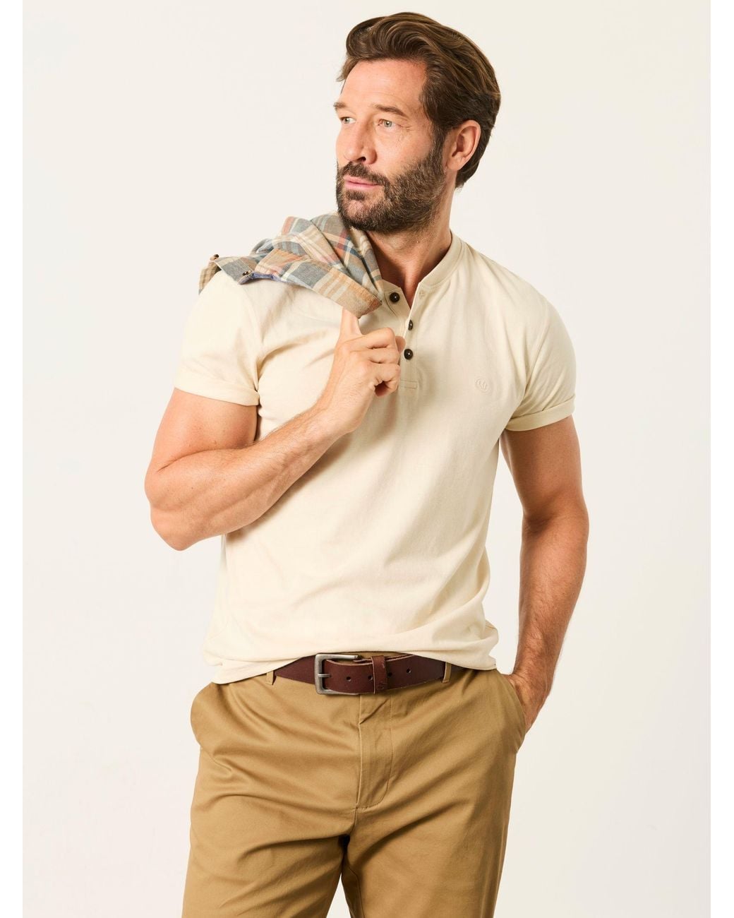 FatFace Fatface 2 Pack Khaki/Natural Short Sleeve Henley Top for men