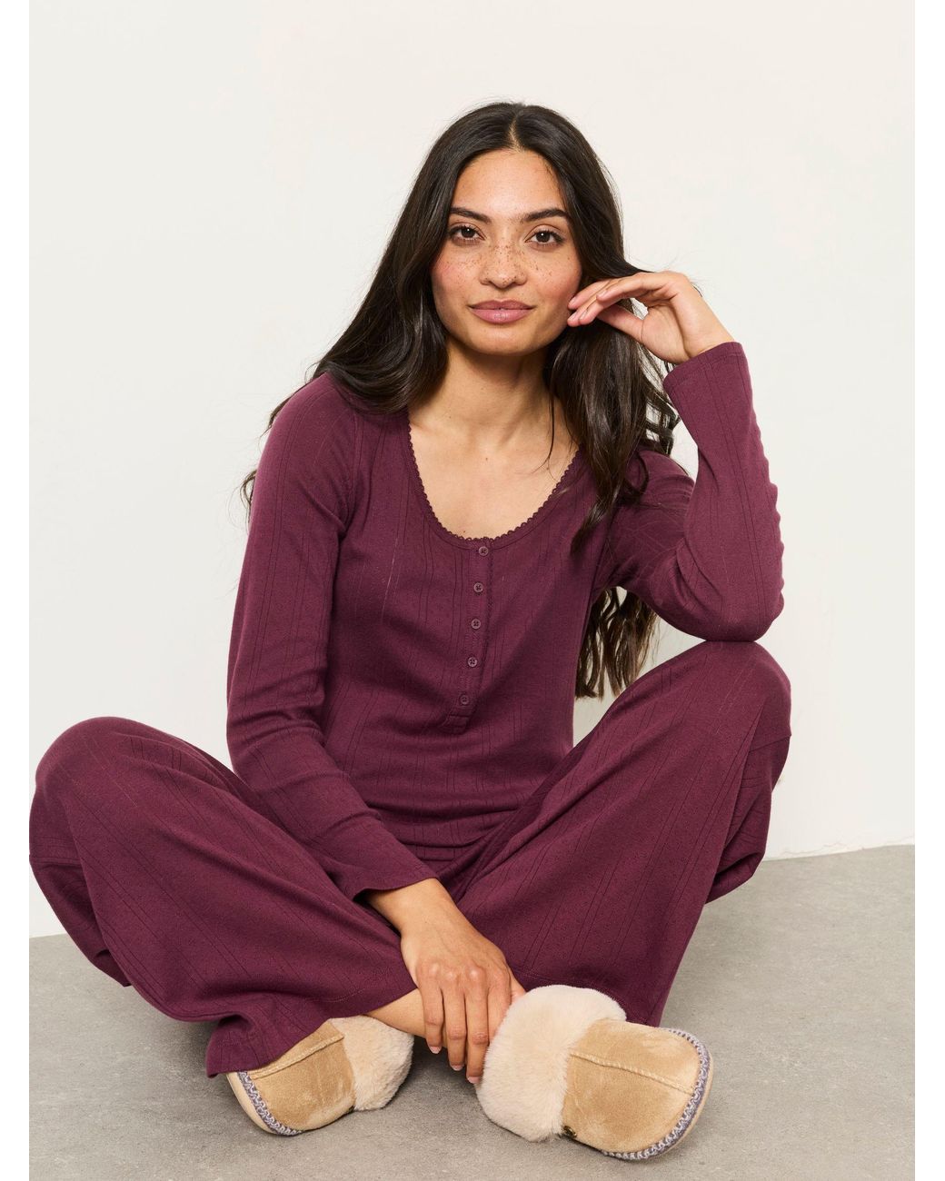 FatFace Purple Hattie Henley Pointelle Top