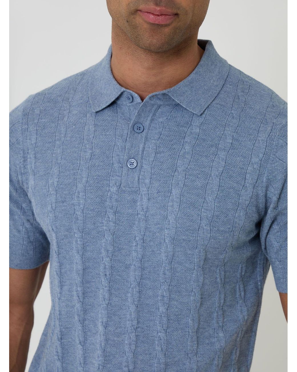 Threadbare Blue Cable Stripe Knitted Button Polo Shirt for men