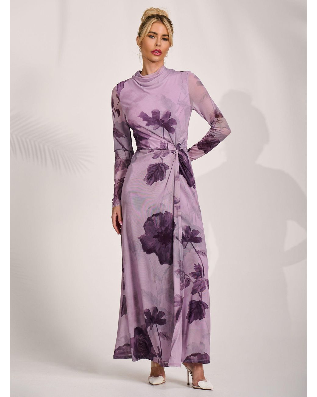 Jolie Moi High Neck Long Sleeve Mesh Maxi Dress in Pink | Lyst