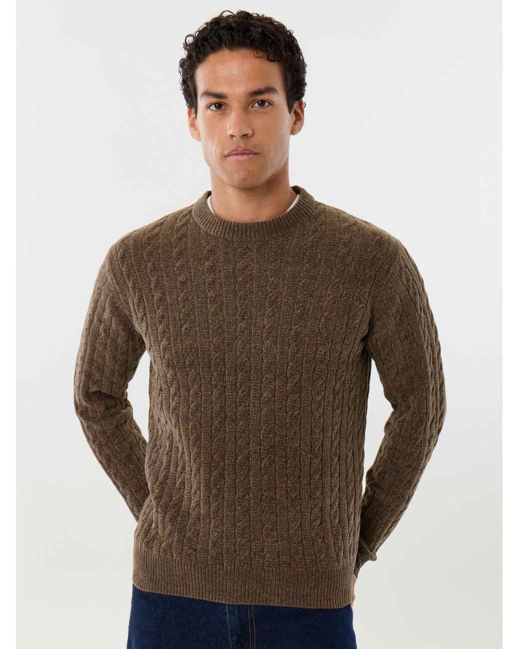 Threadbare Brown Fluffy Cable Knit Crew Neck Jumper for men