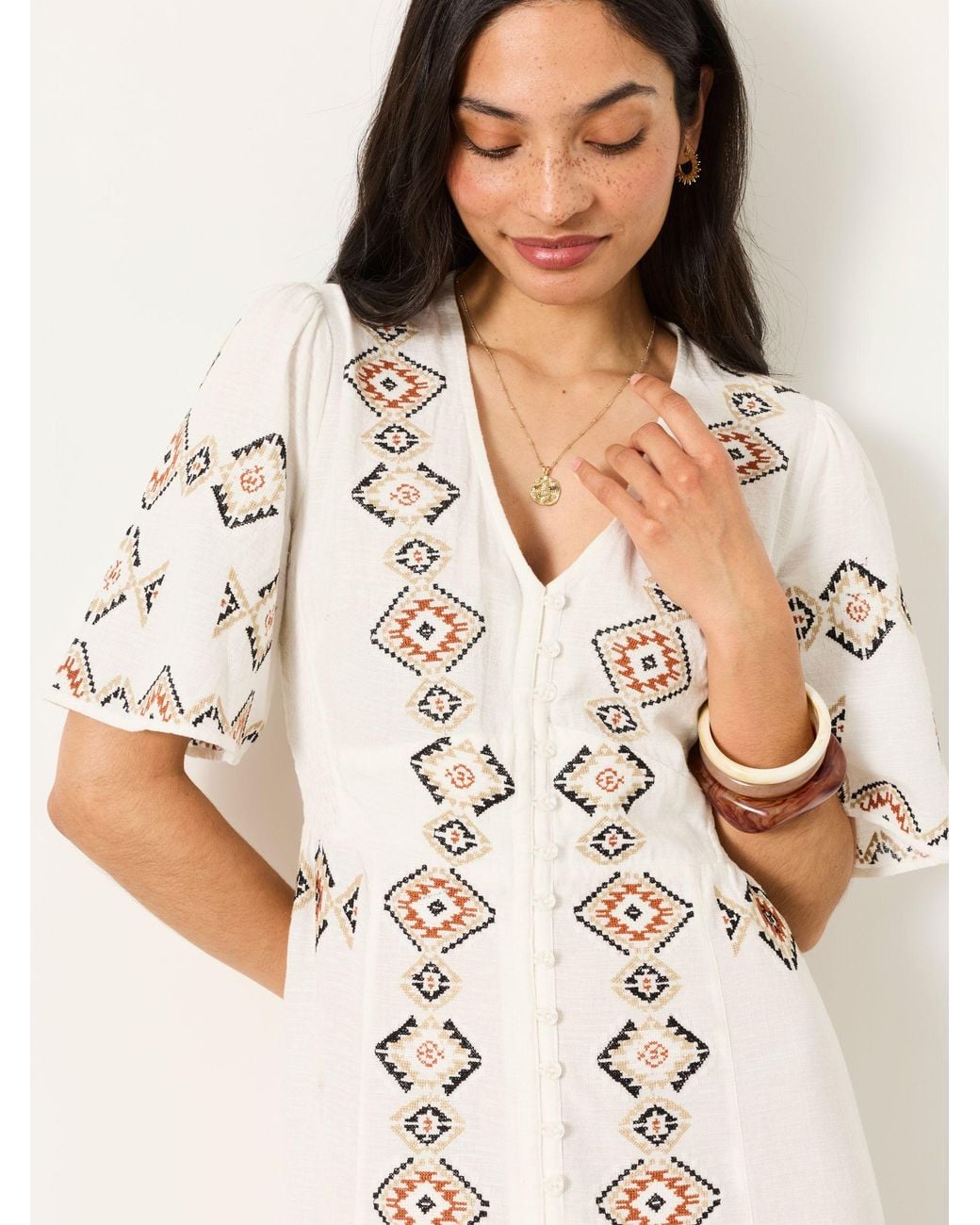 FatFace Natural Solene Petite Embroidered Midi Dress