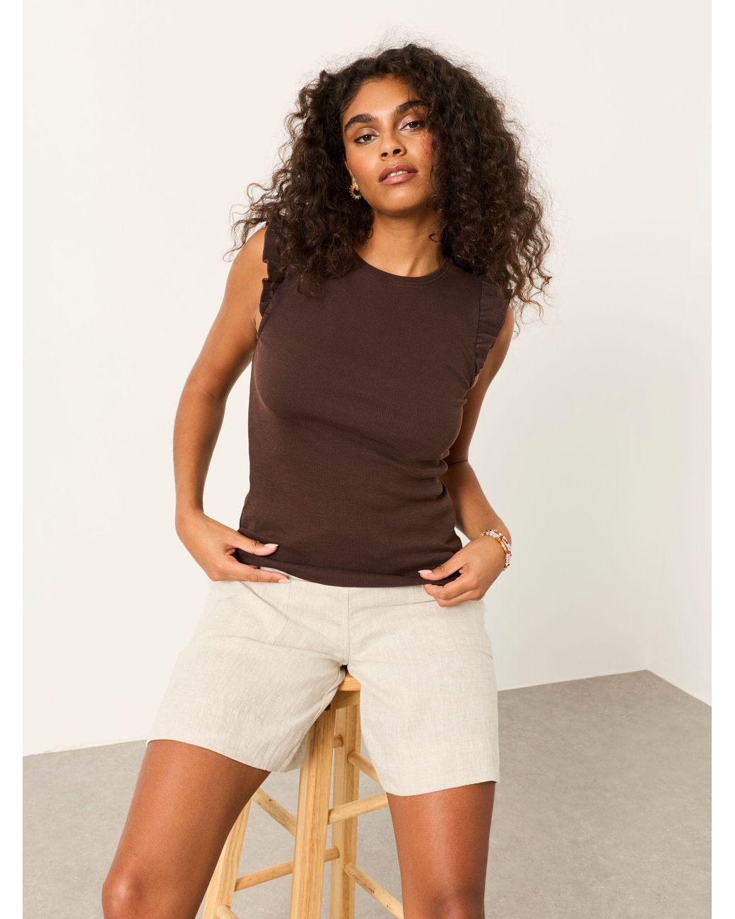 FatFace Brown Frill Sleeveless Top