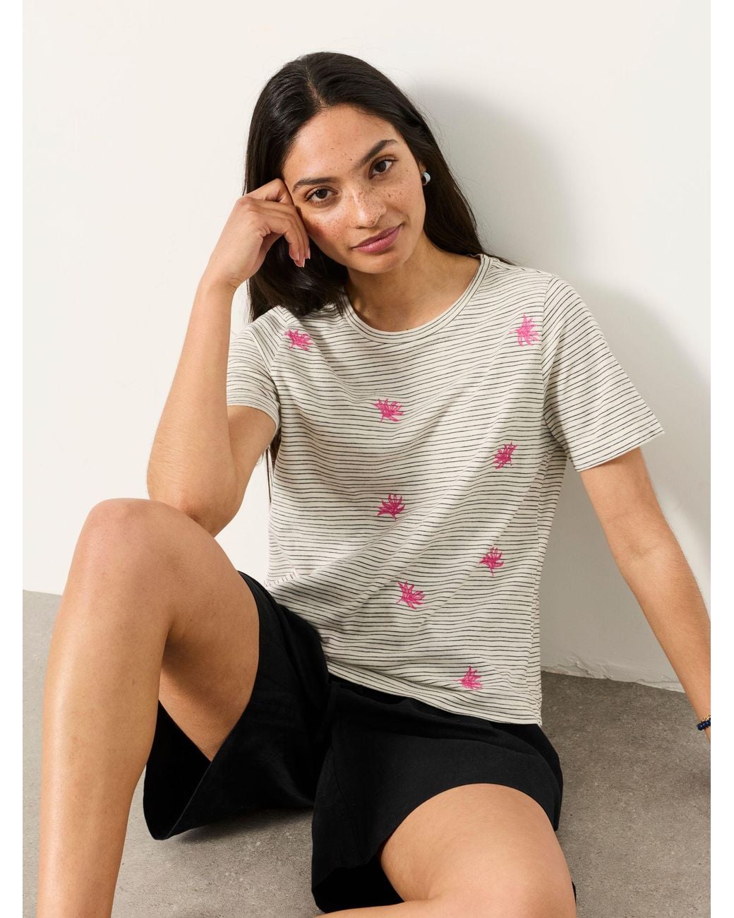FatFace White Stripe Embroidered Flower T-Shirt