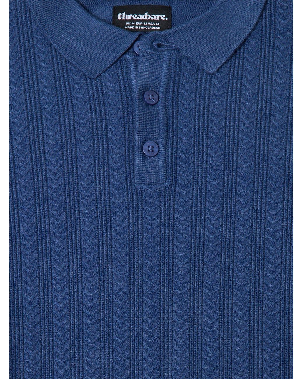 Threadbare Blue Textured Cable Knit Polo Jumper for men