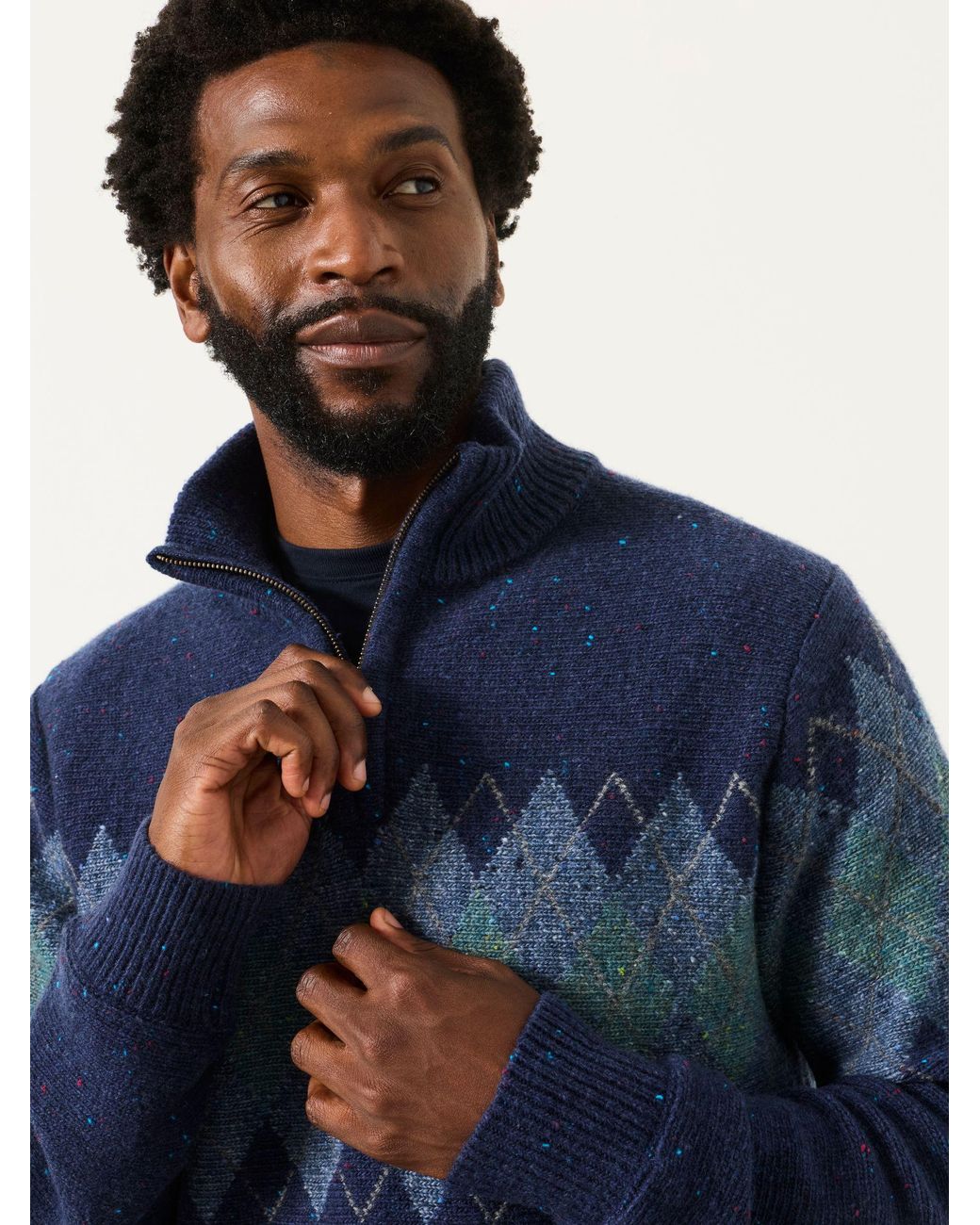 FatFace Blue Fatface Argyle Quarter Zip Knitted Jumper for men
