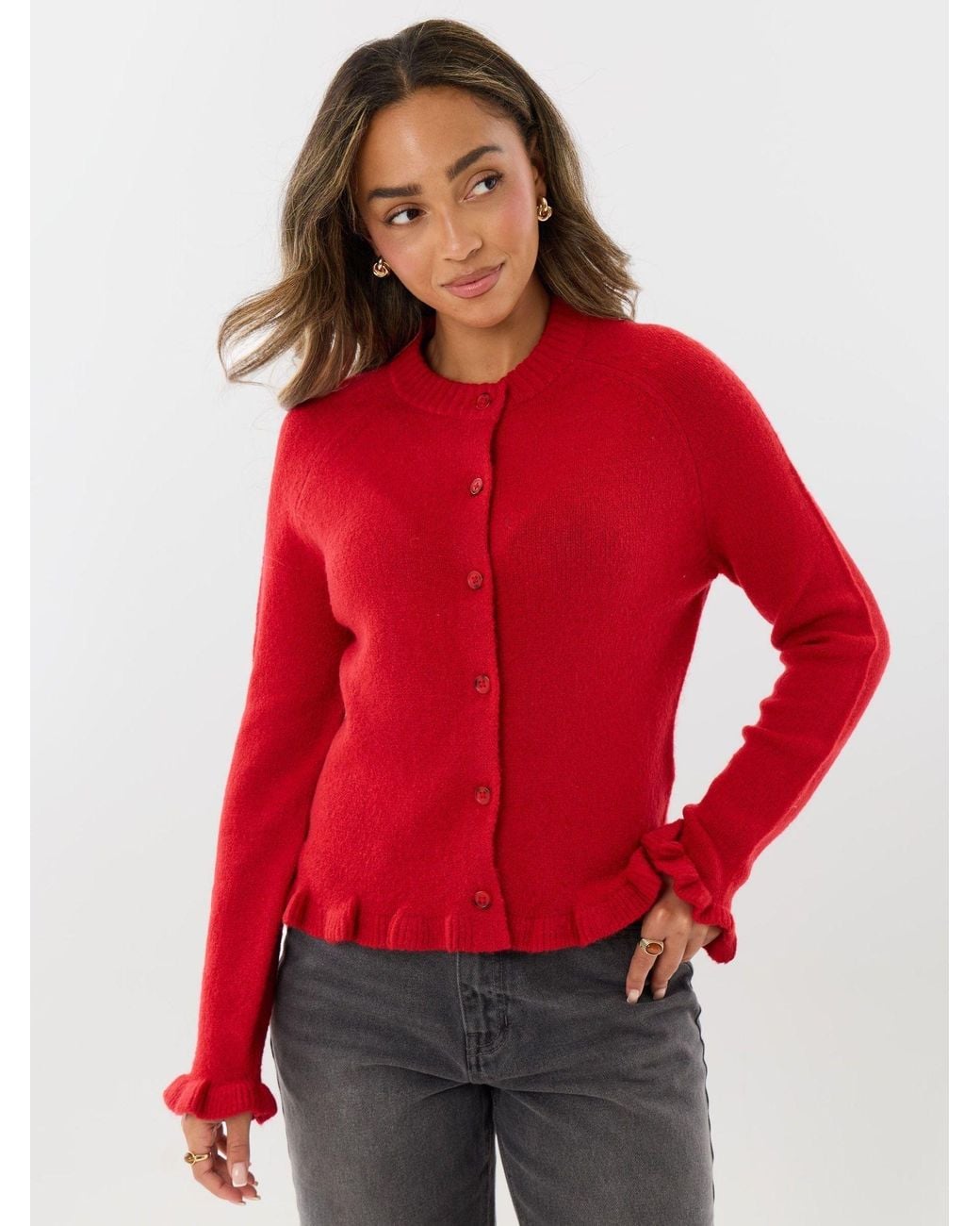 Threadbare Red Crew Neck Ruffle Cardigan