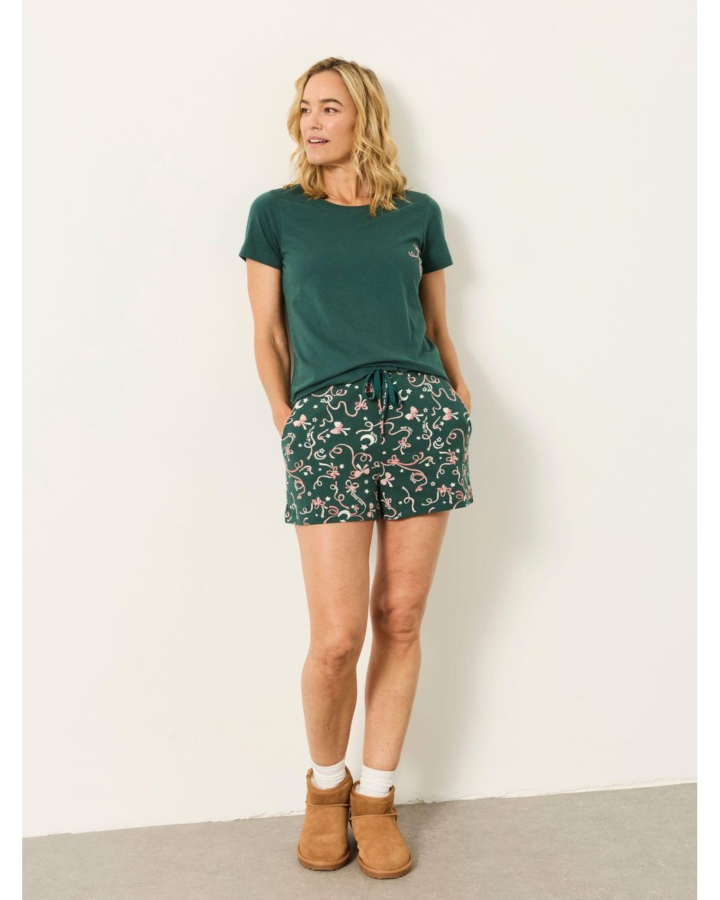 FatFace Green Bow Print Pyjama Set