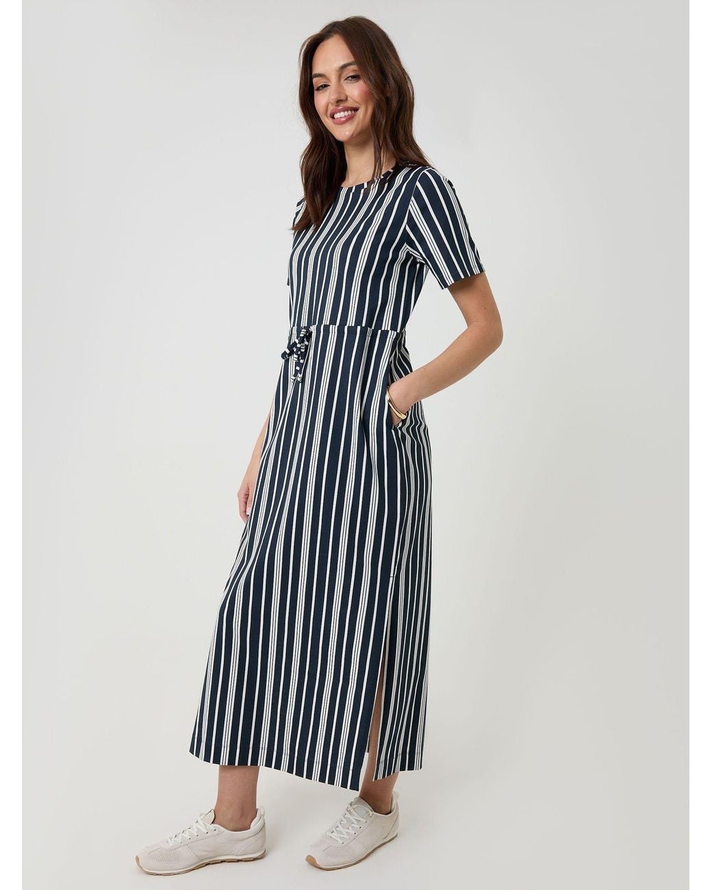 Threadbare Blue Drawstring Waist Side Split 100% Cotton Jersey Midi Dress