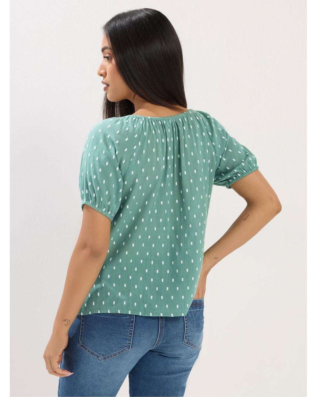 M Com Green Petite Short Sleeve Button Dobby Boho Blouse