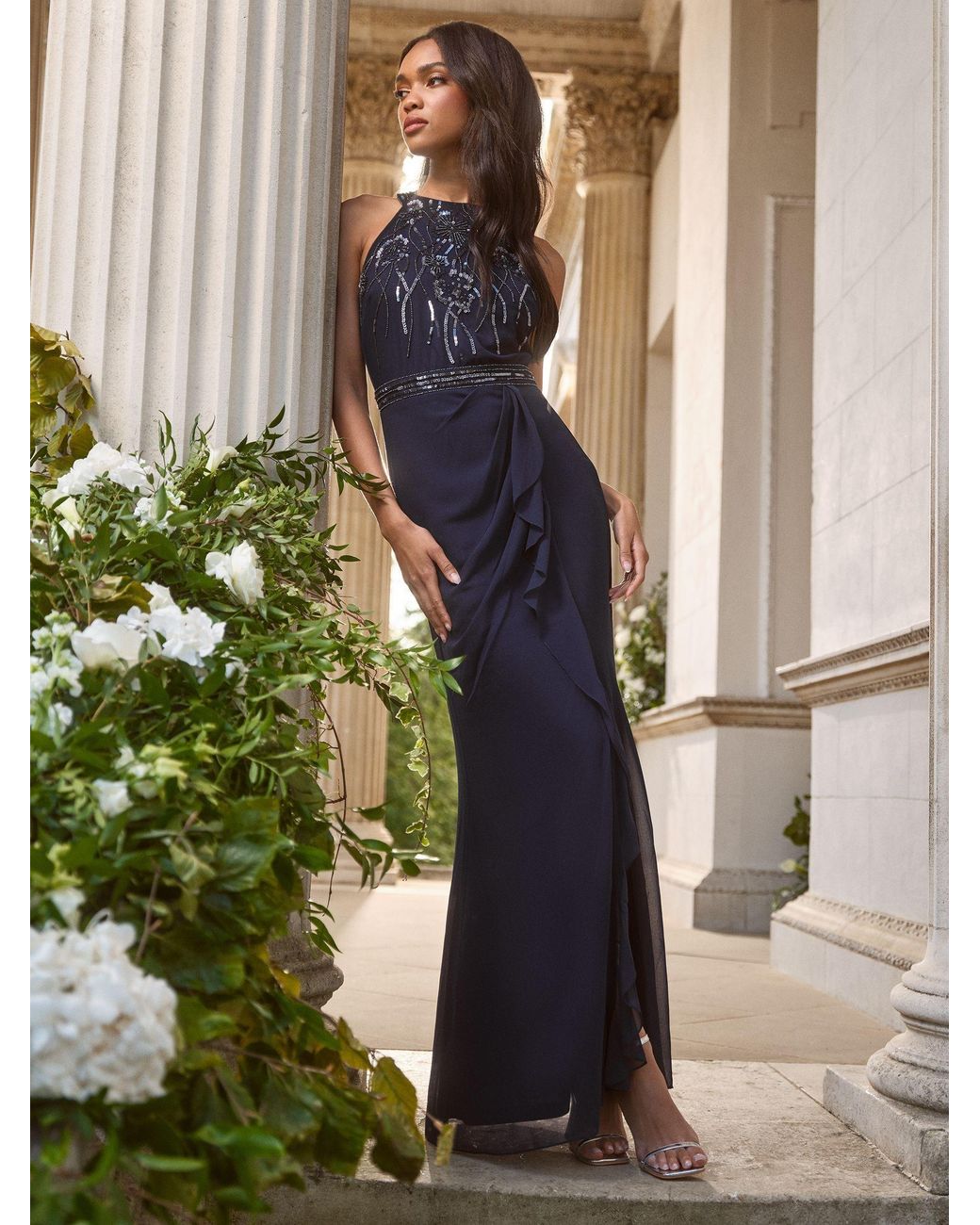 ruffled halter bridesmaid dress Lipsy Embellished Sequin Ruffle Front Wedding in Blue Size:MADE TO ORDER Gifts By Price Adrianna Papell AP1E212297 Beaded Zipper Back
