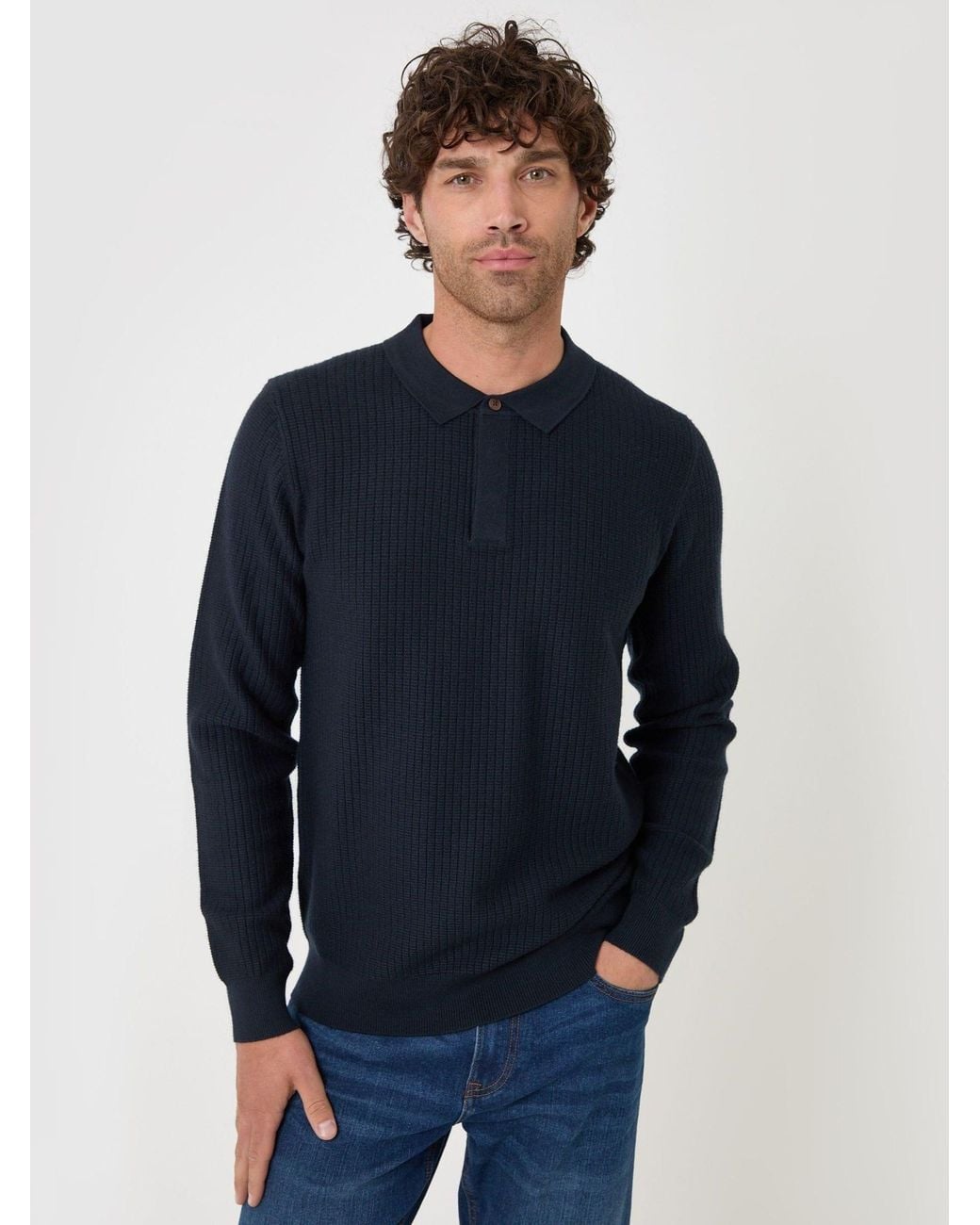 Threadbare Blue Waffle Stitch Polo Button Jumper for men