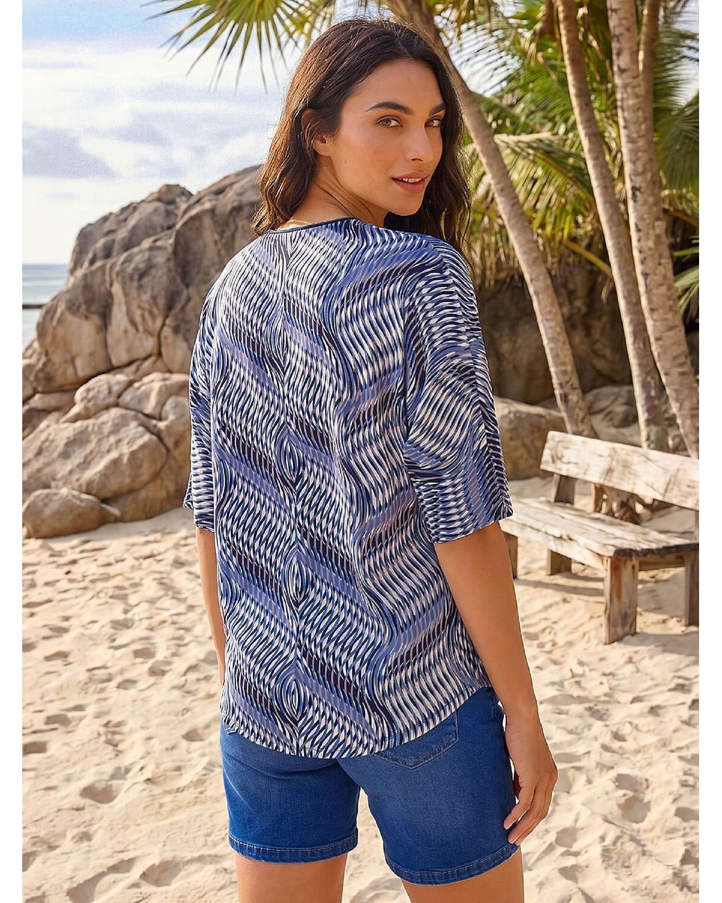 Roman Blue Printed Zip Front Top